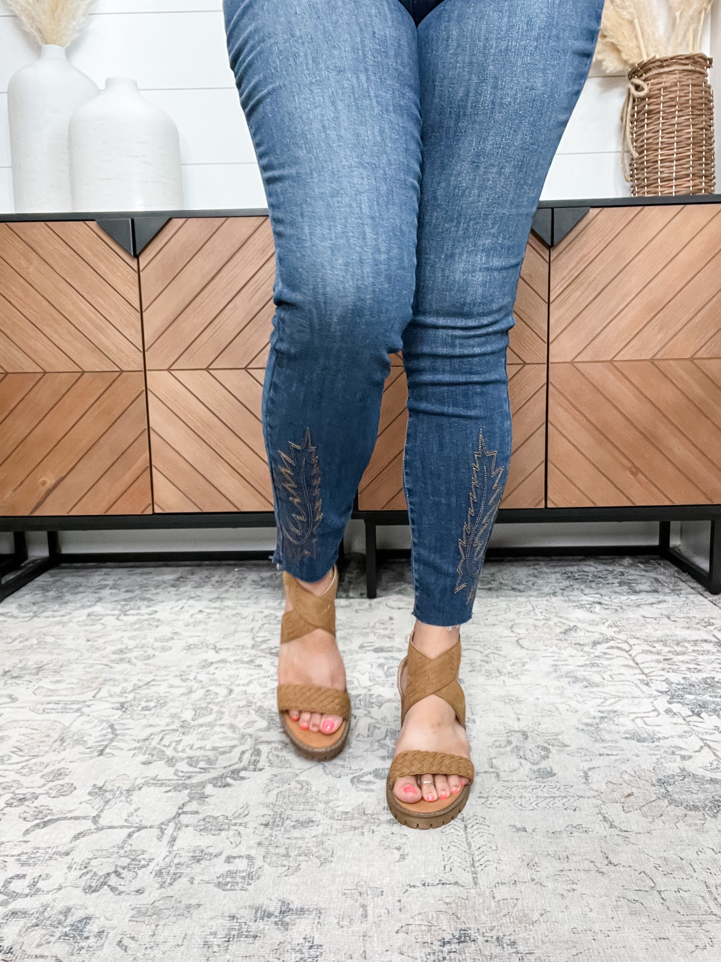 "Vana" Faux Suede Sandal By Very G with Laser Cut Rose Detail (Tan)