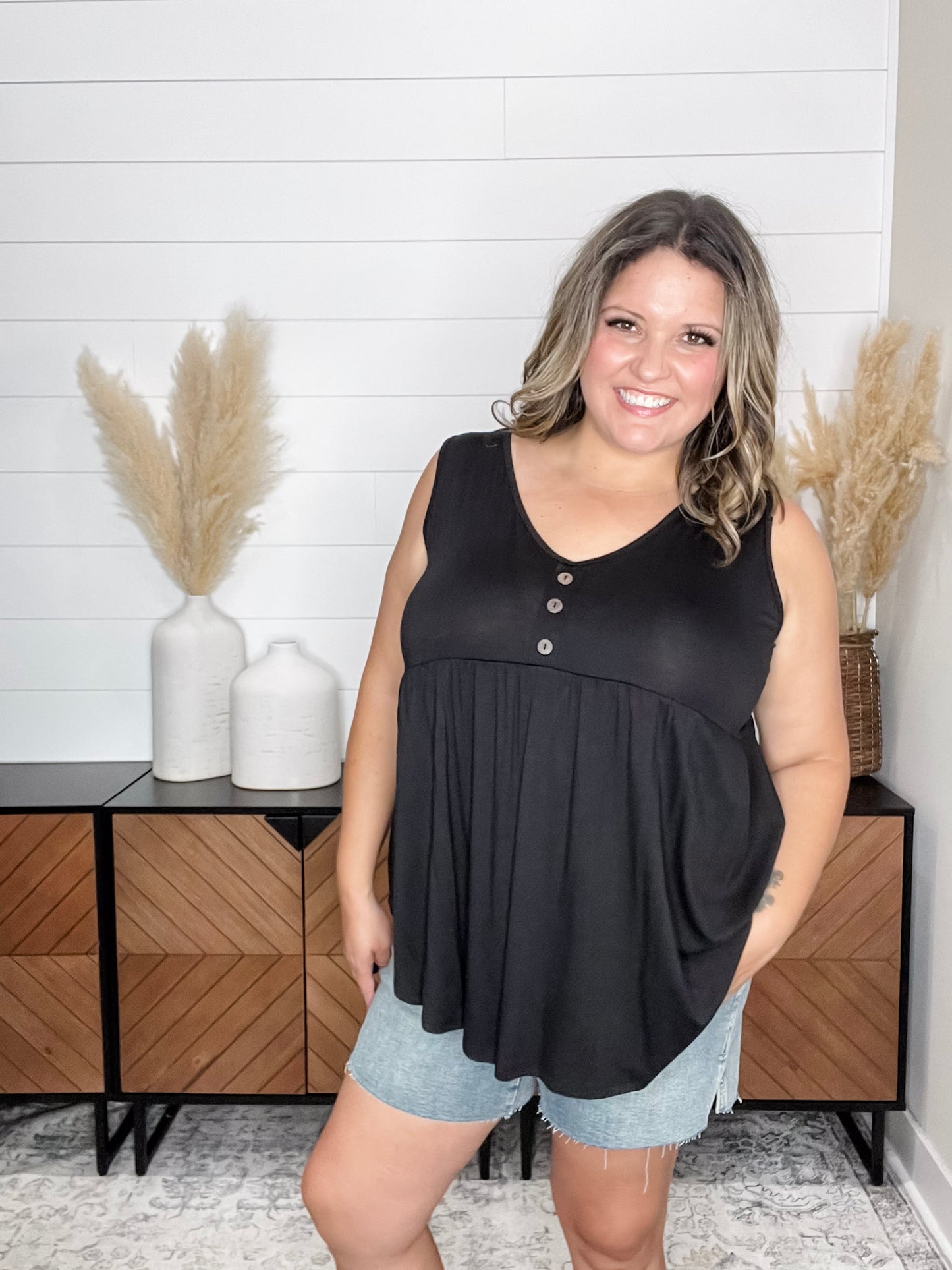 "Lottie" Babydoll V Neck Tank Top (Black)