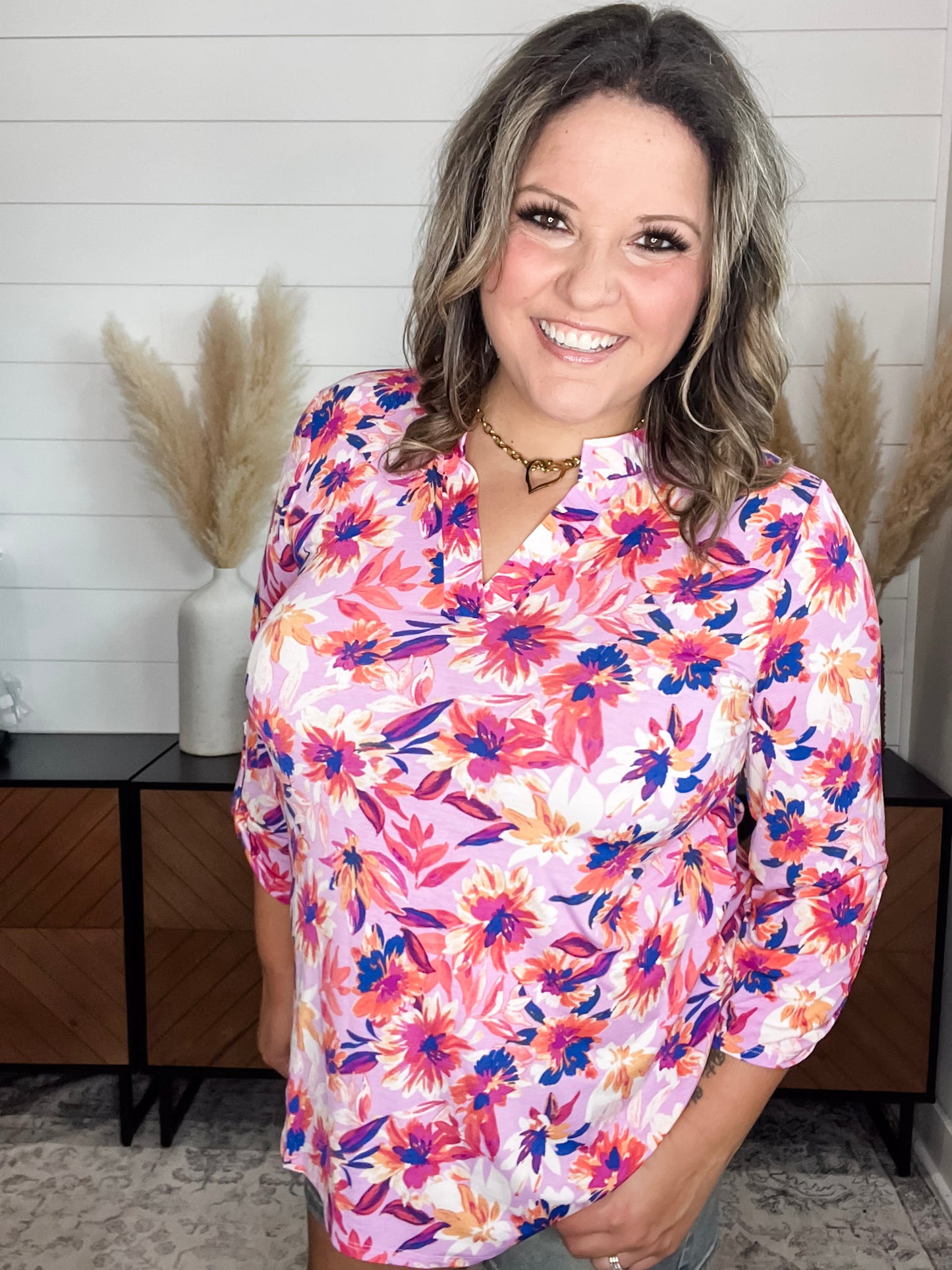 "Season" 3/4 Sleeve Split Neck Tops