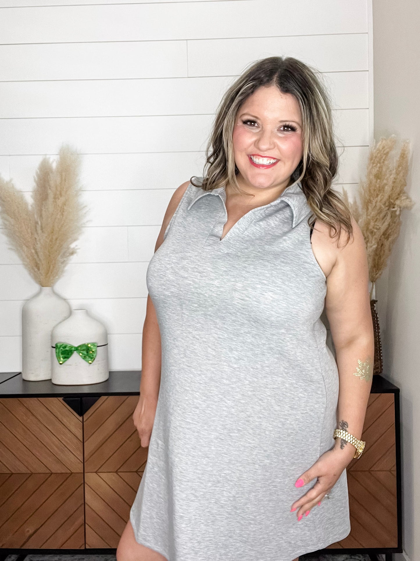 "Cruise" Split Neck Tank Dress with Pockets (Heather Grey)
