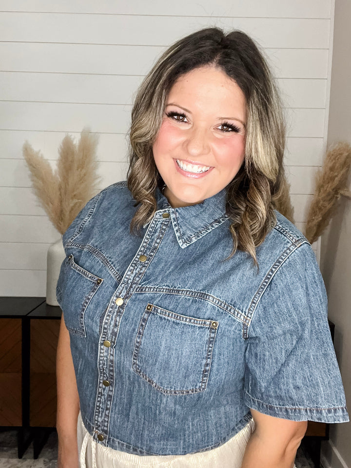 "Open Spaces" Short Sleeve Denim Crop Button Up