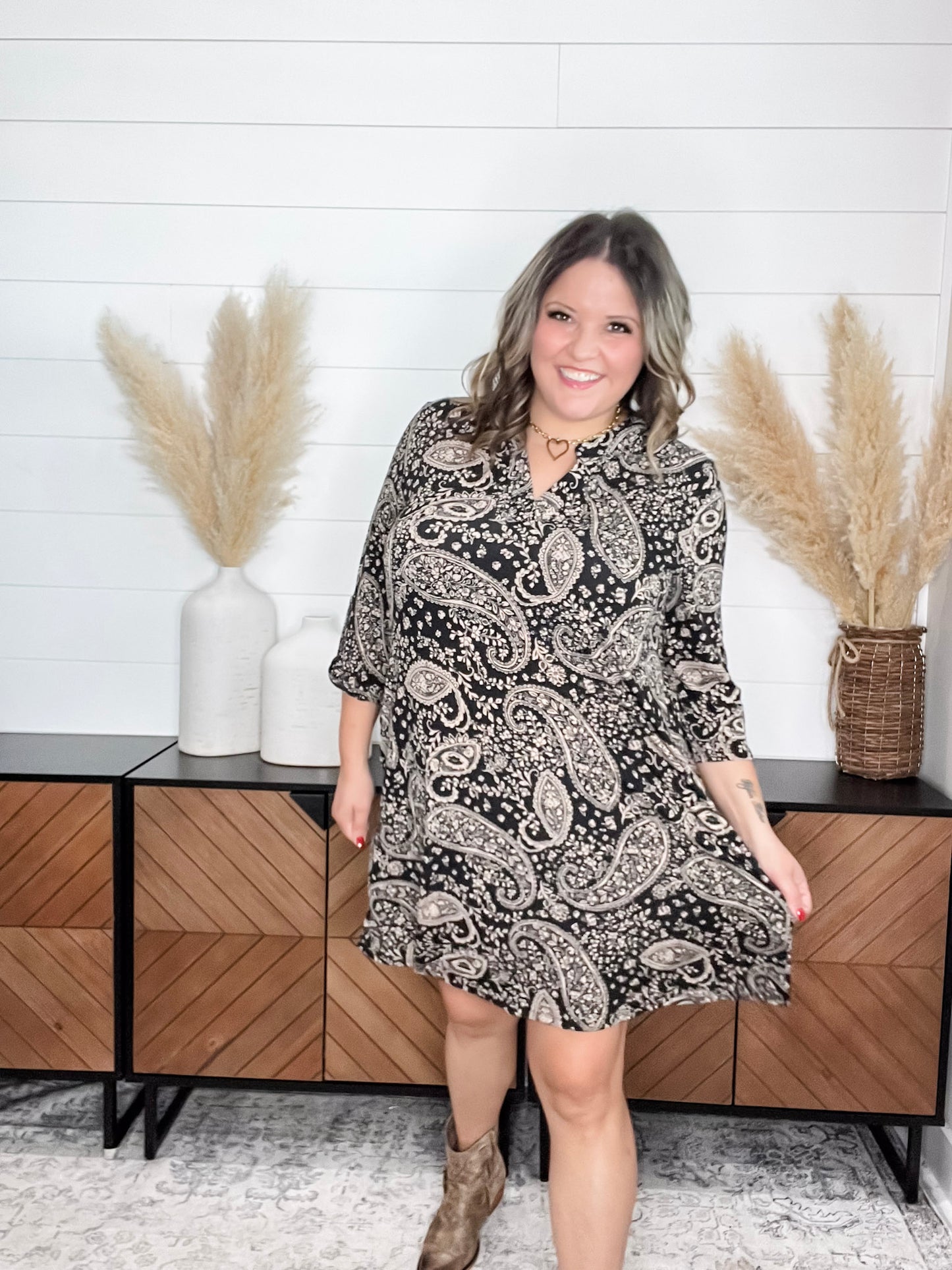 Dear Scarlett "Lithium" 3/4 Sleeve Split Neck Dress with Pockets