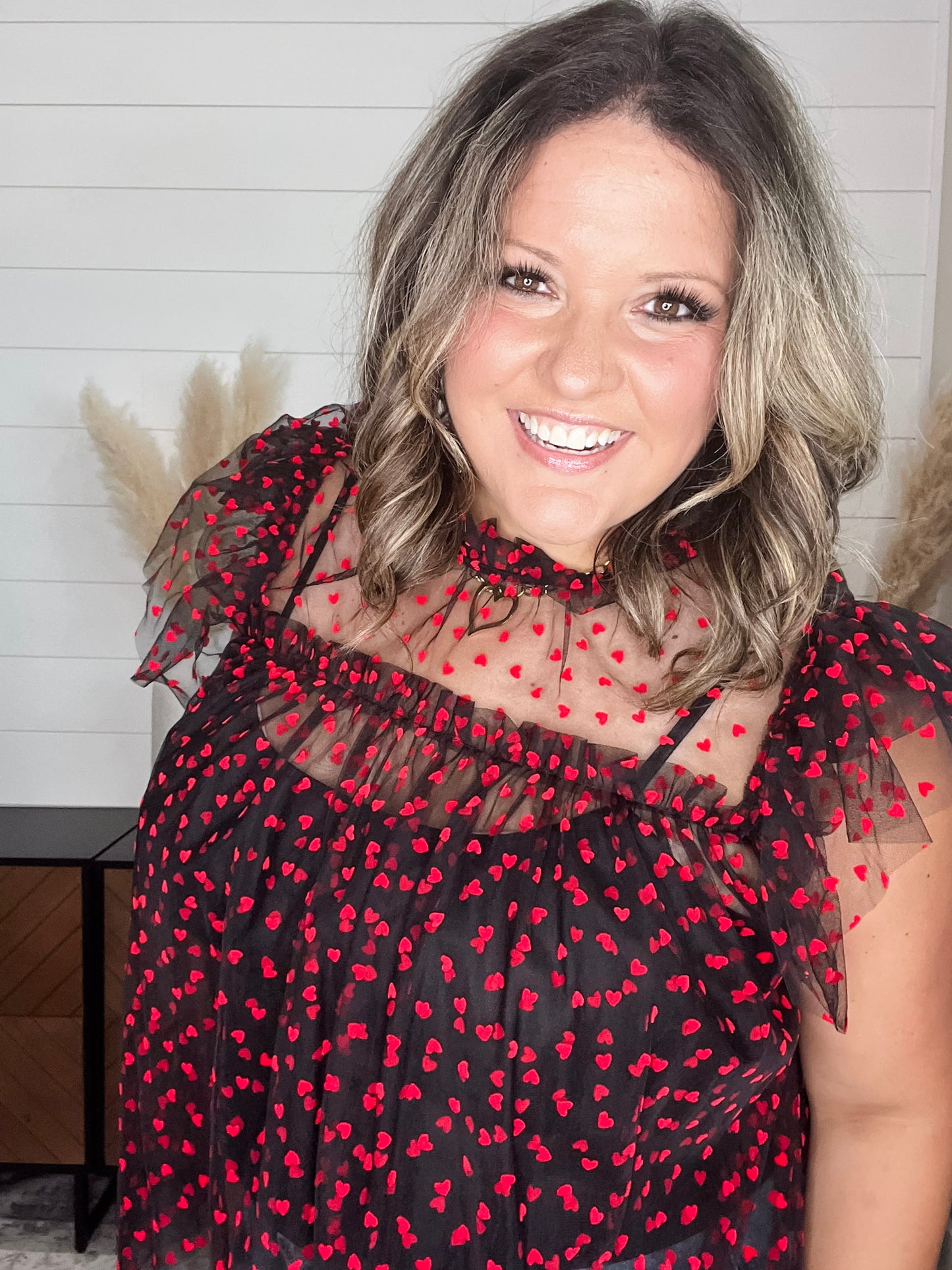 "Don't Go Breakin" Heart Printed High Collar Short Sleeve Babydoll