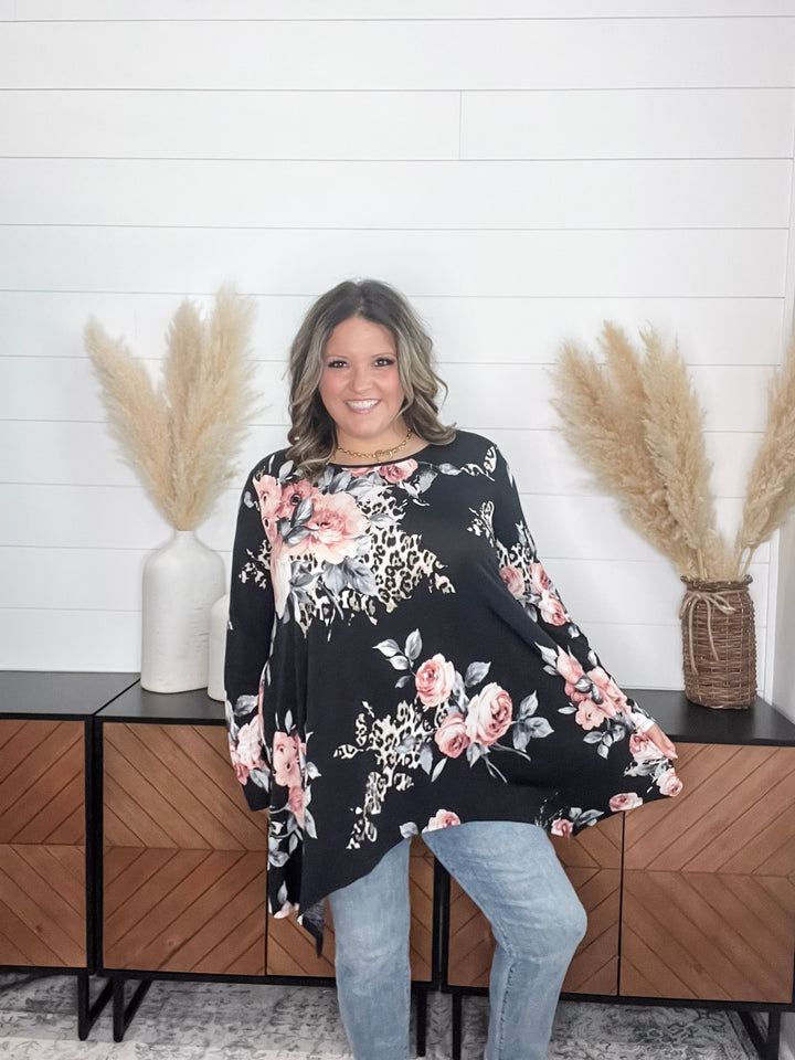 "Double Down" Floral and Animal Print Shark Bite Tunic with Pockets