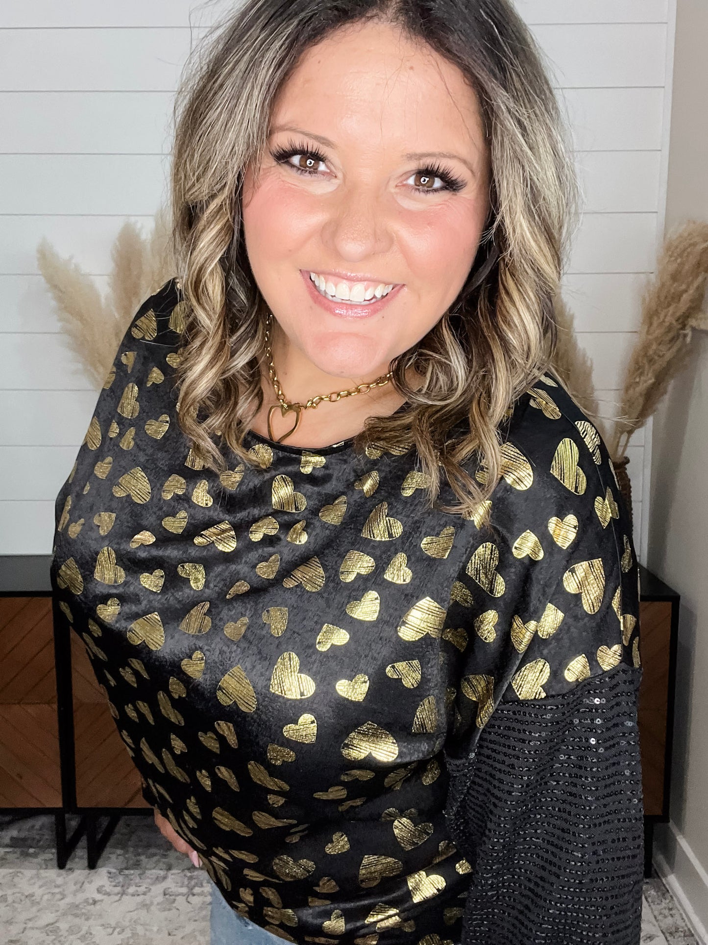 "Golden" Long Sequin Sleeved Top with Foil Hearts