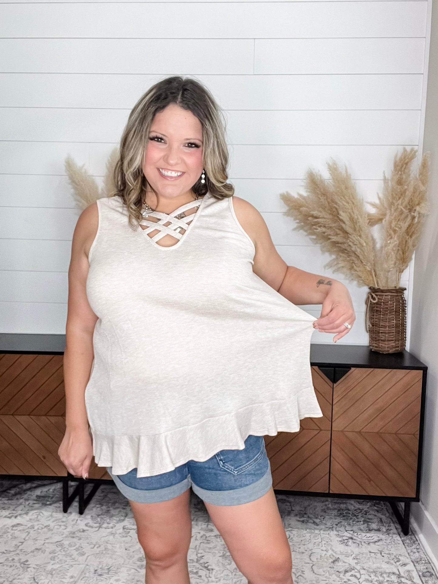 "Evolve" Criss Cross Front Waffle Texture Tank