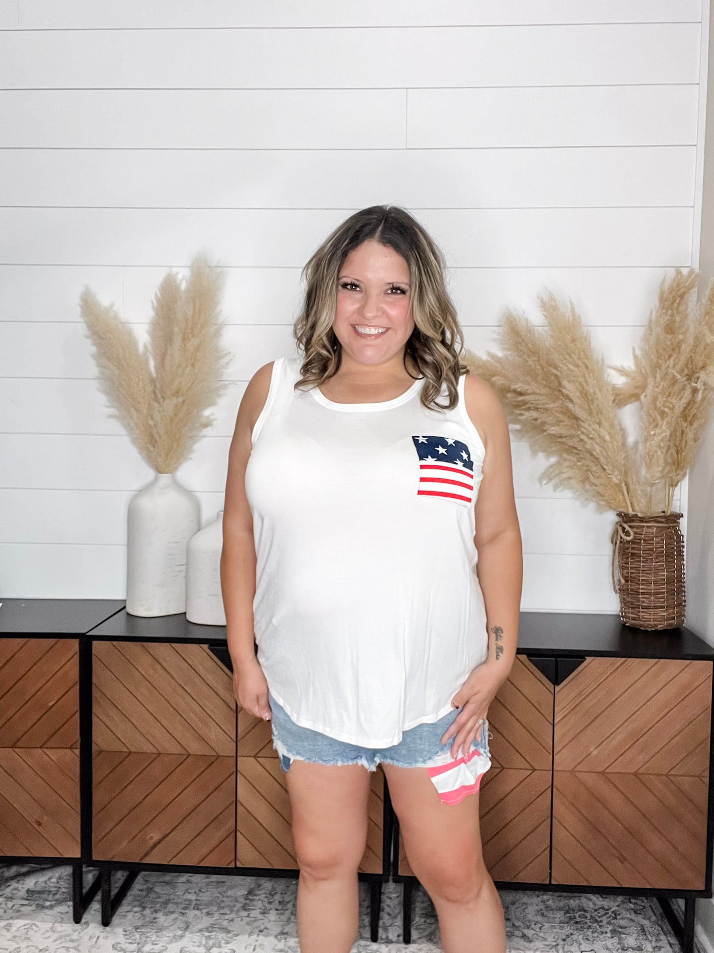 "Ole Glory" Flag Pocket Detail Tank (White)
