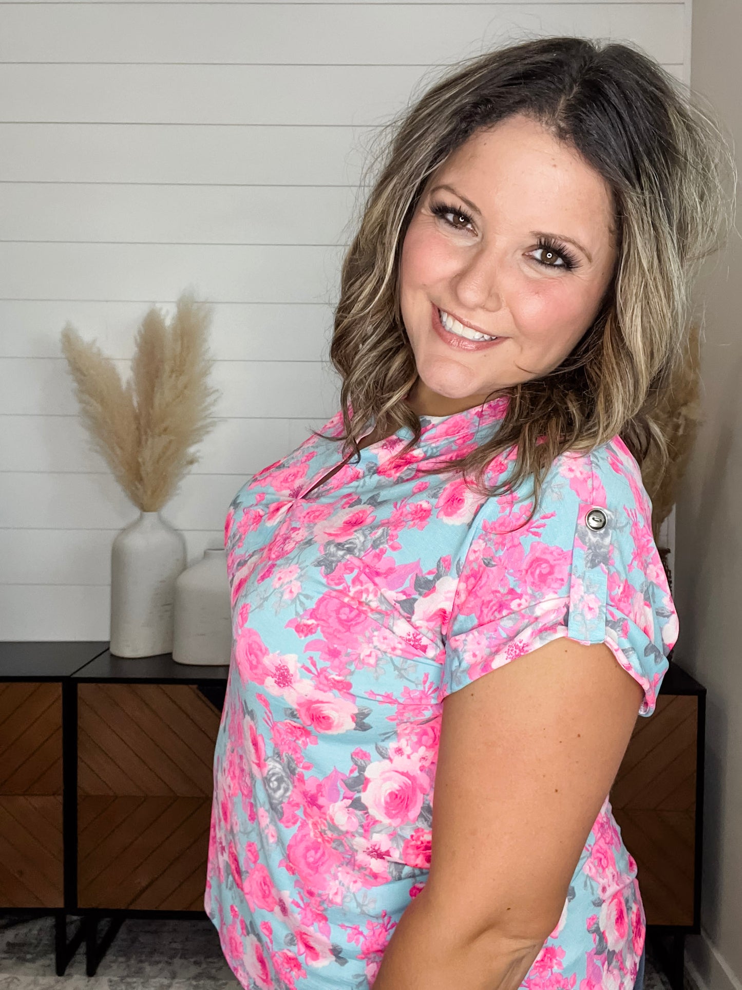 "Fletcher" Floral Split Neck Cuffed Short Sleeve
