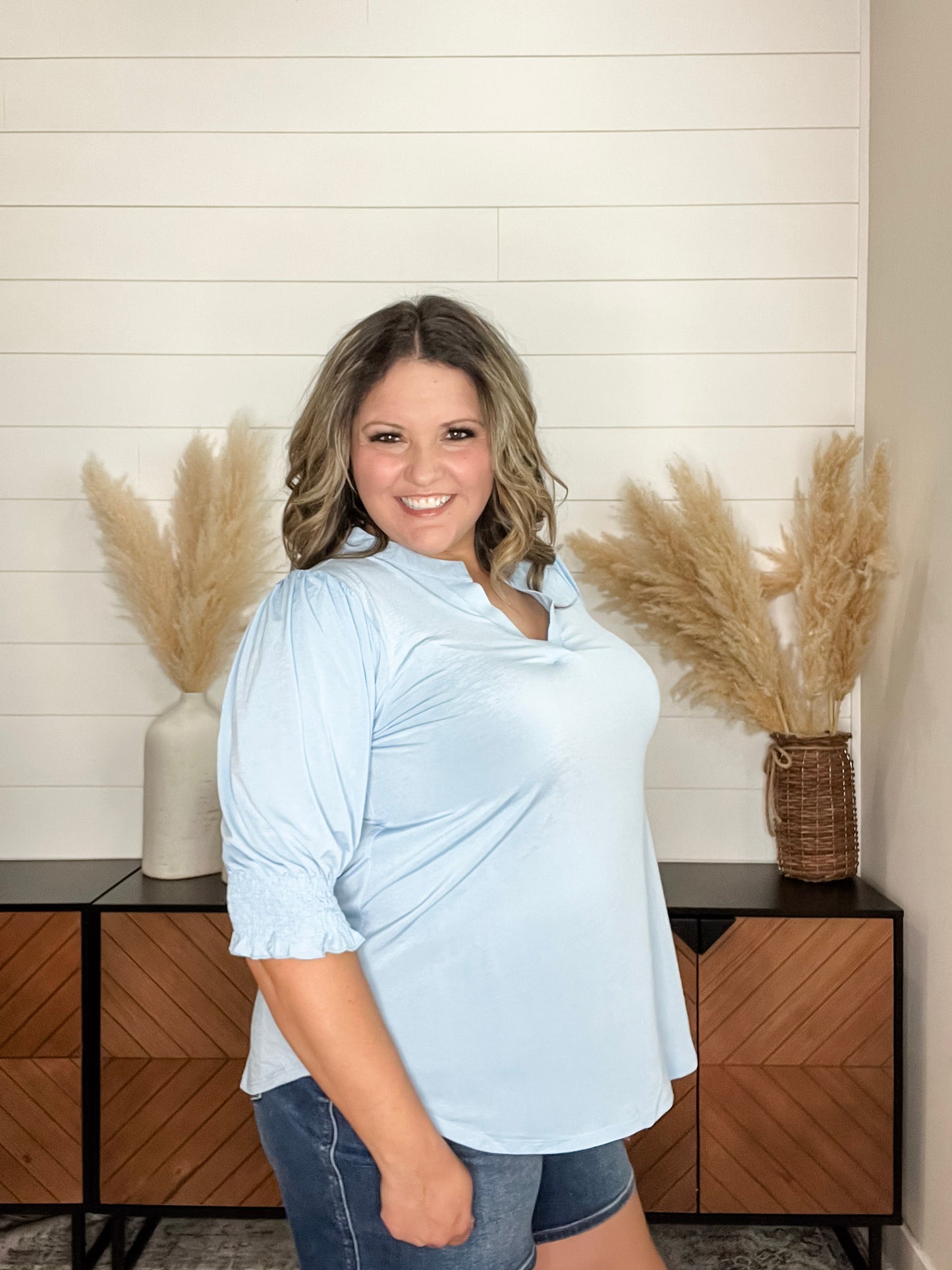 "Shocking" 3/4 Smocked Sleeve Split Neck (Blue)