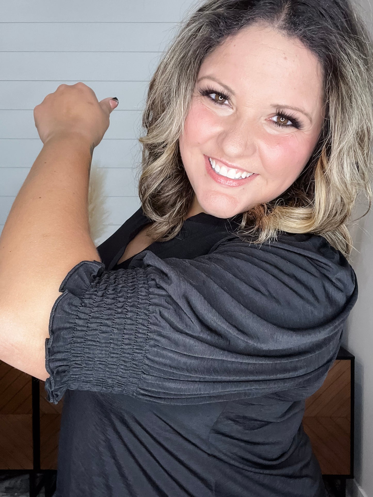 "Shocking" 3/4 Smocked Sleeve Split Neck (Black)