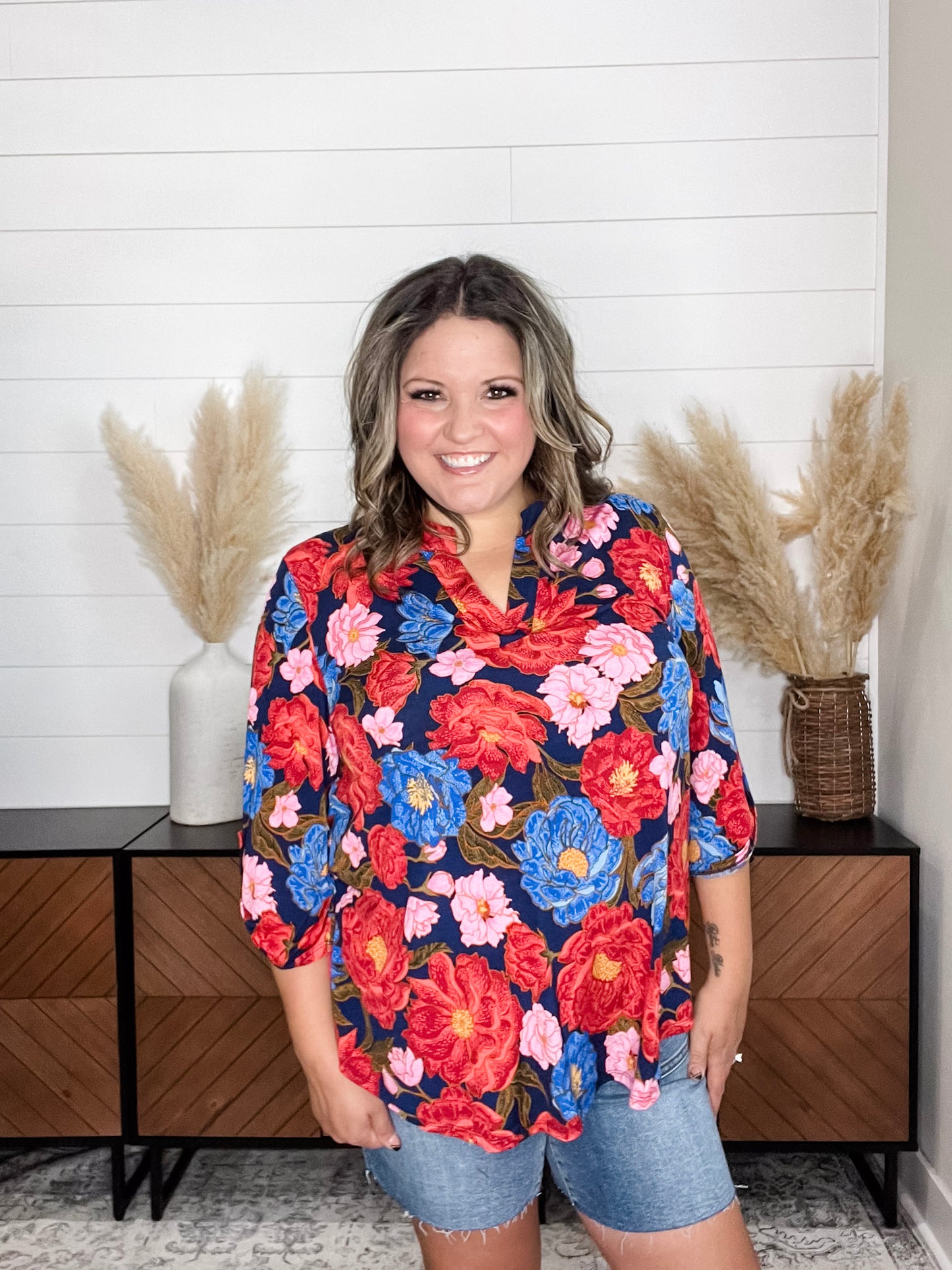 "Copeland" Floral Lizzy 3/4 Sleeve Split Neck