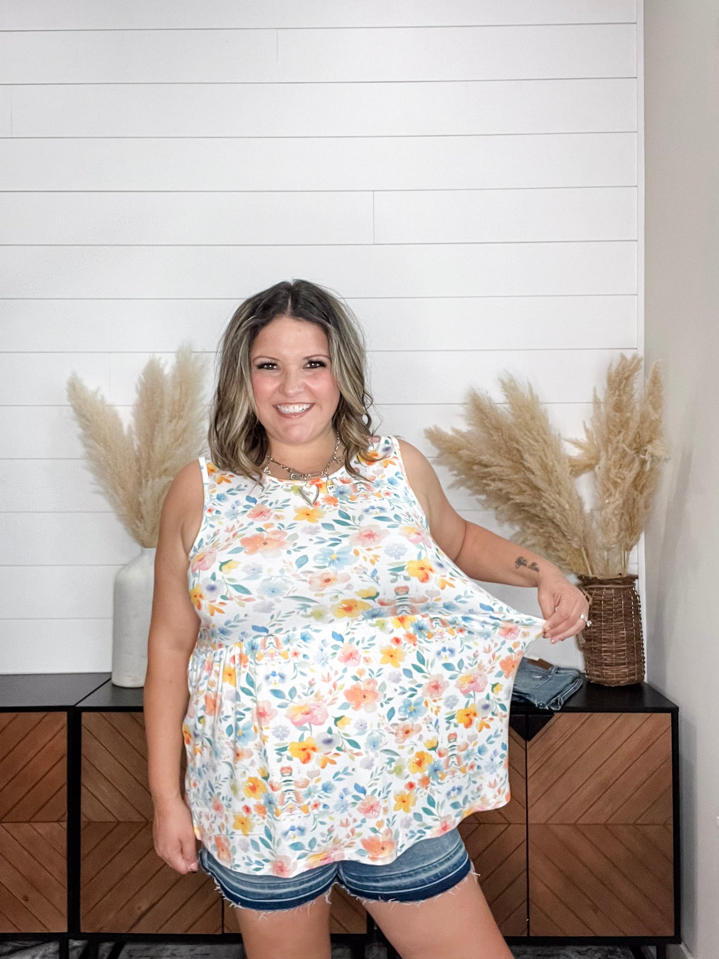 "Renee" Floral Ruffle Tank (Watercolor)