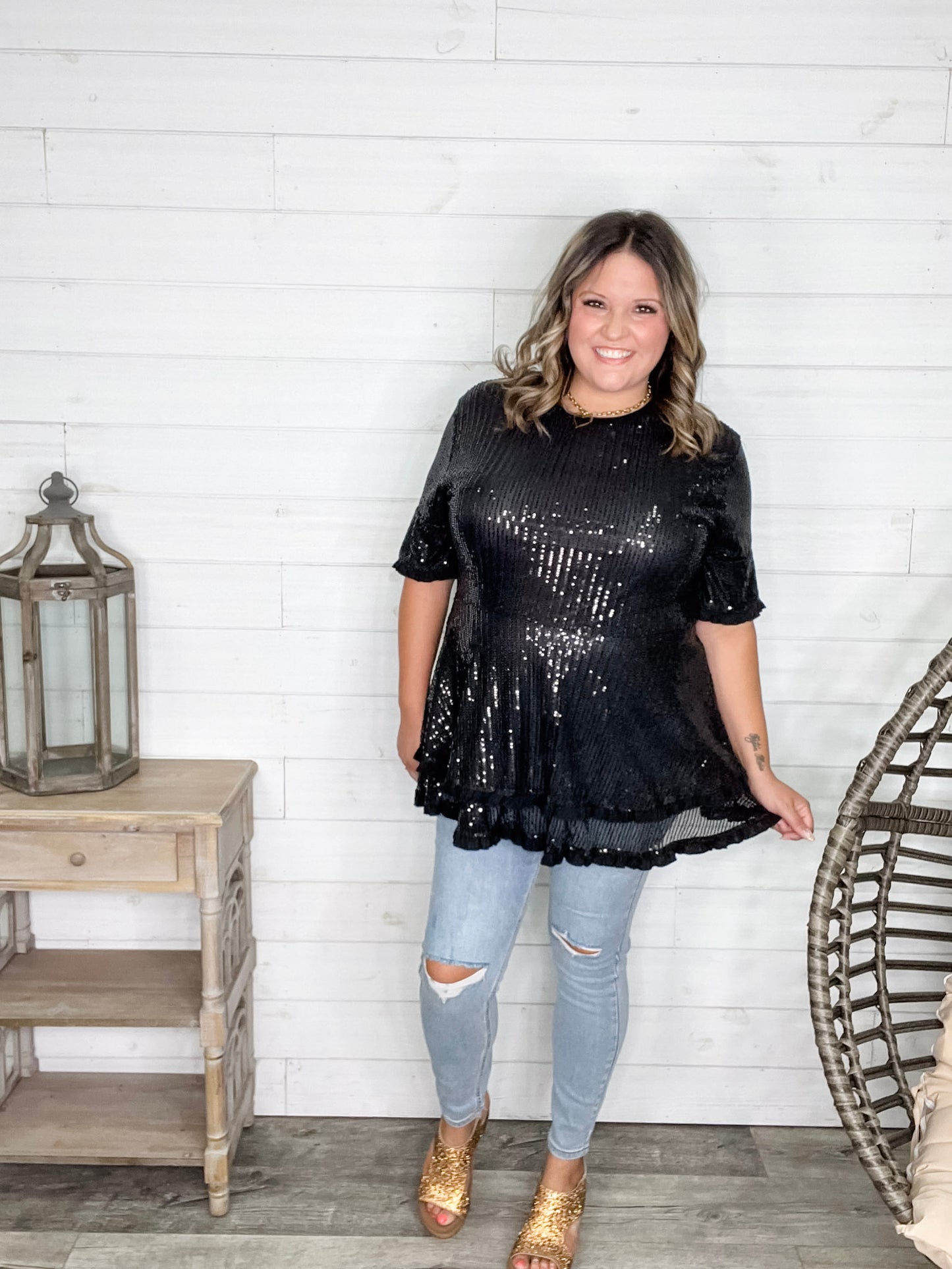 "Caught A Glimpse" Sequined Ruffle Hem and Sleeve (Black)