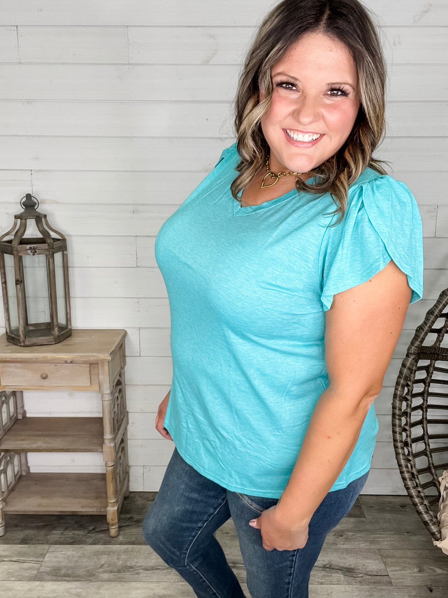 "Just The Beginning Chapter Two" Solid Tulip Sleeve V Neck (Turquoise)