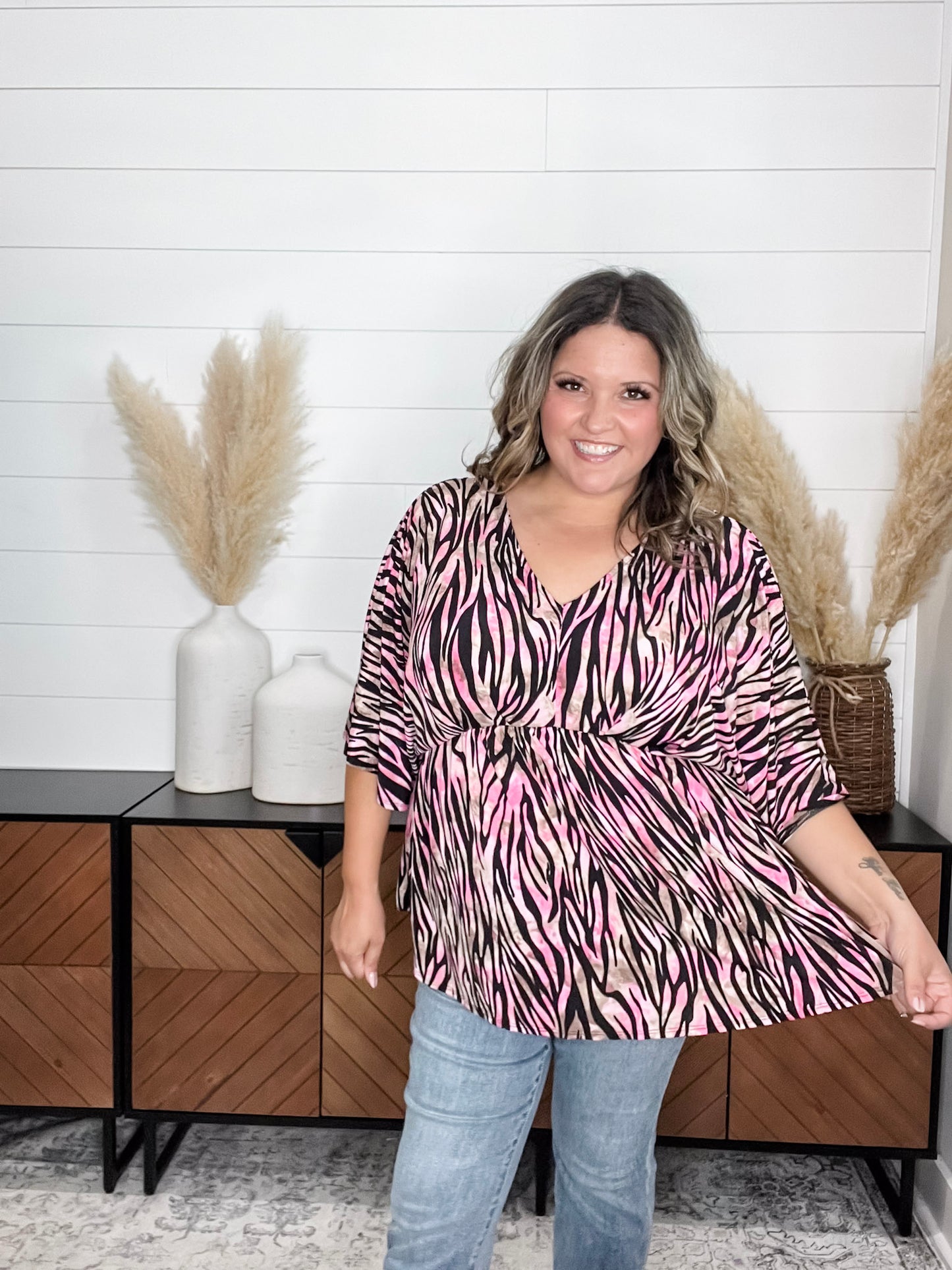 "Unbothered" Animal Print V Neck 3/4 Bell Sleeve