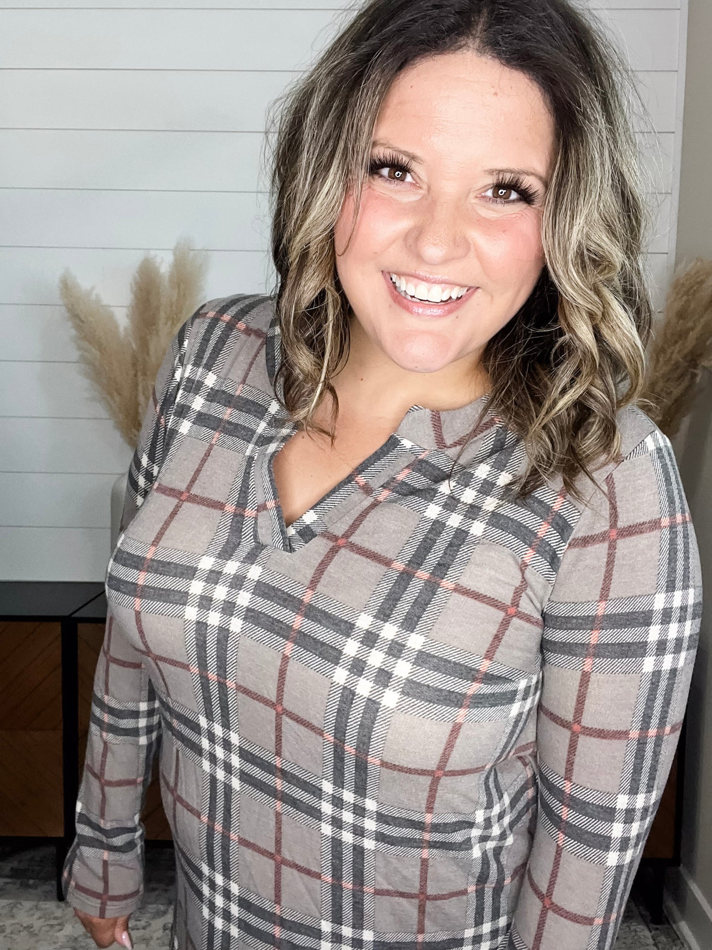 "Surrender" Plaid Long Sleeve Split Neck