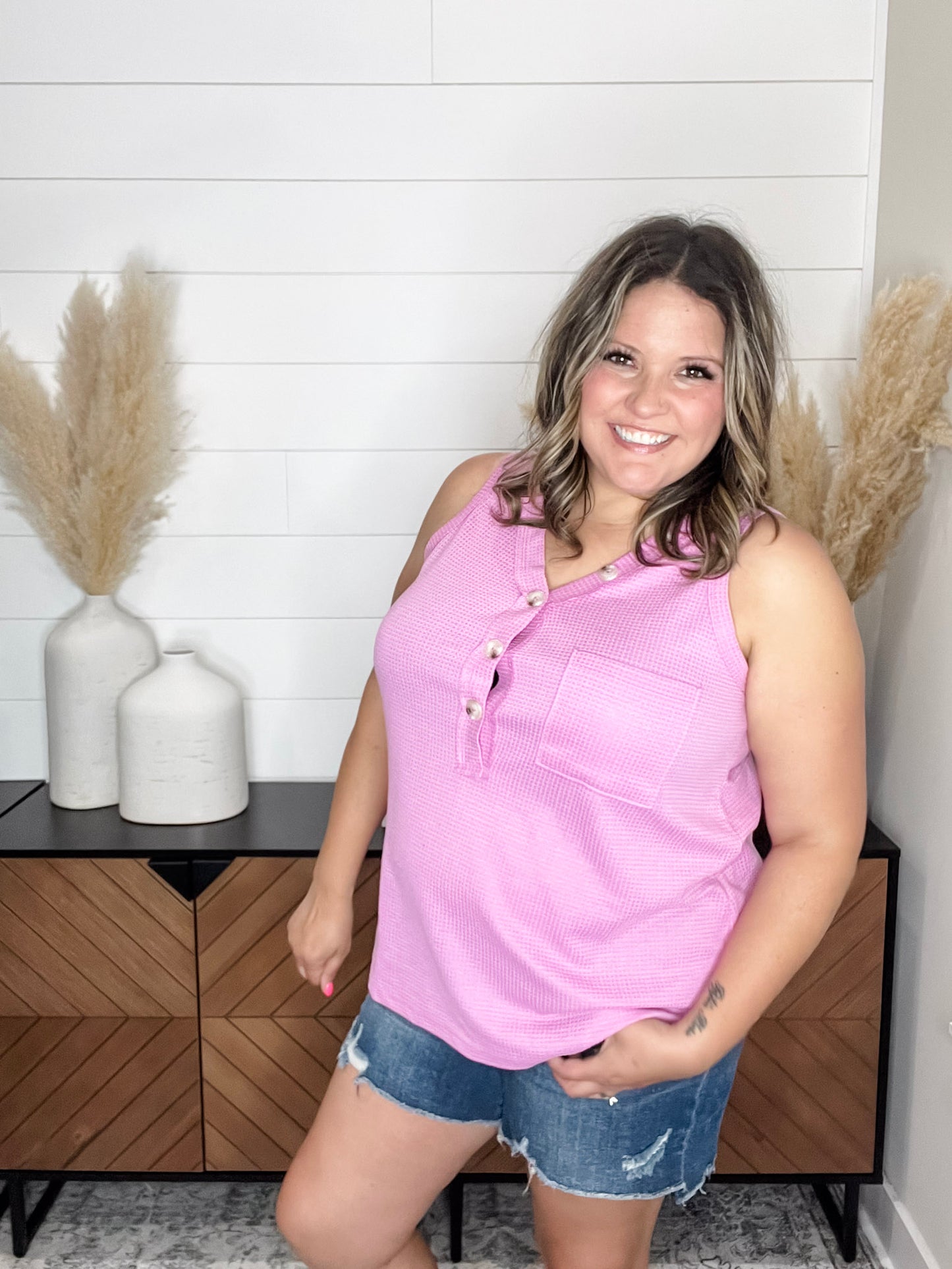 "Caldwell" Waffle Texture Tank with Chest Pockets and Faux Buttons (Magenta Glow)