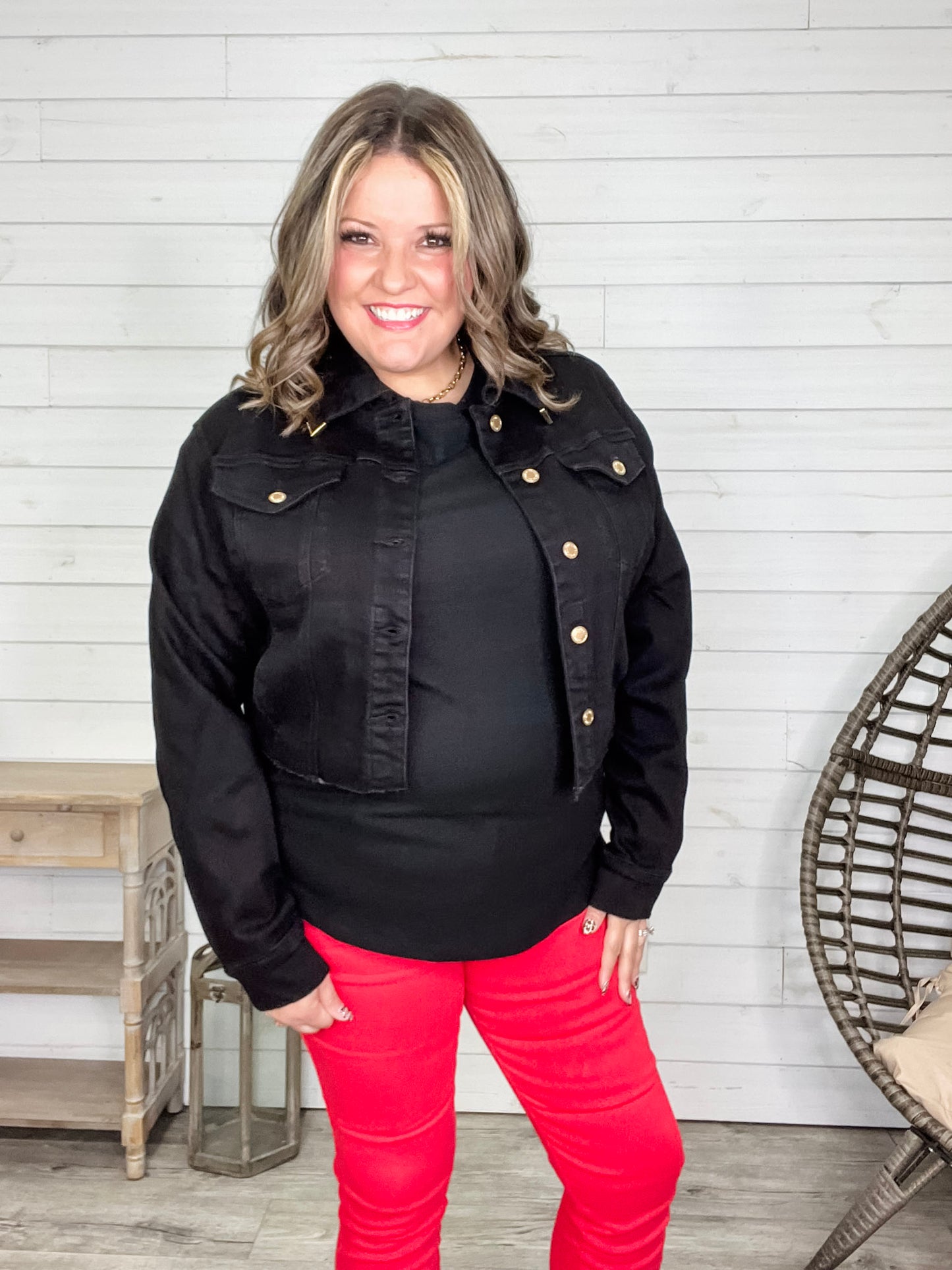 Judy Blue Black Jean Jacket with gold darts