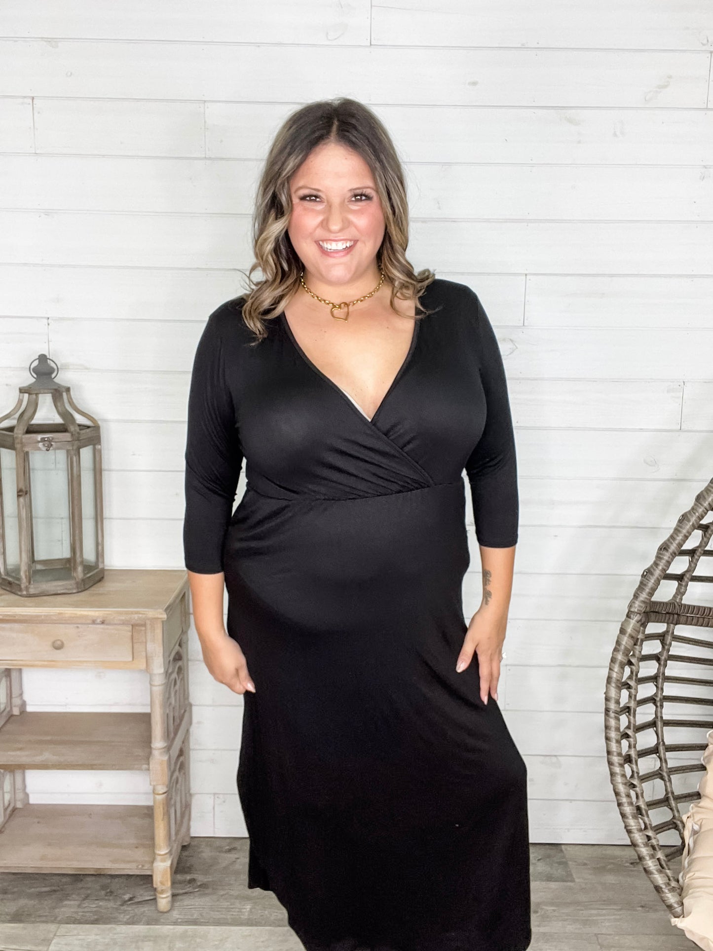 Solid 3/4 Sleeve Wrap Dress with Pockets (Black)