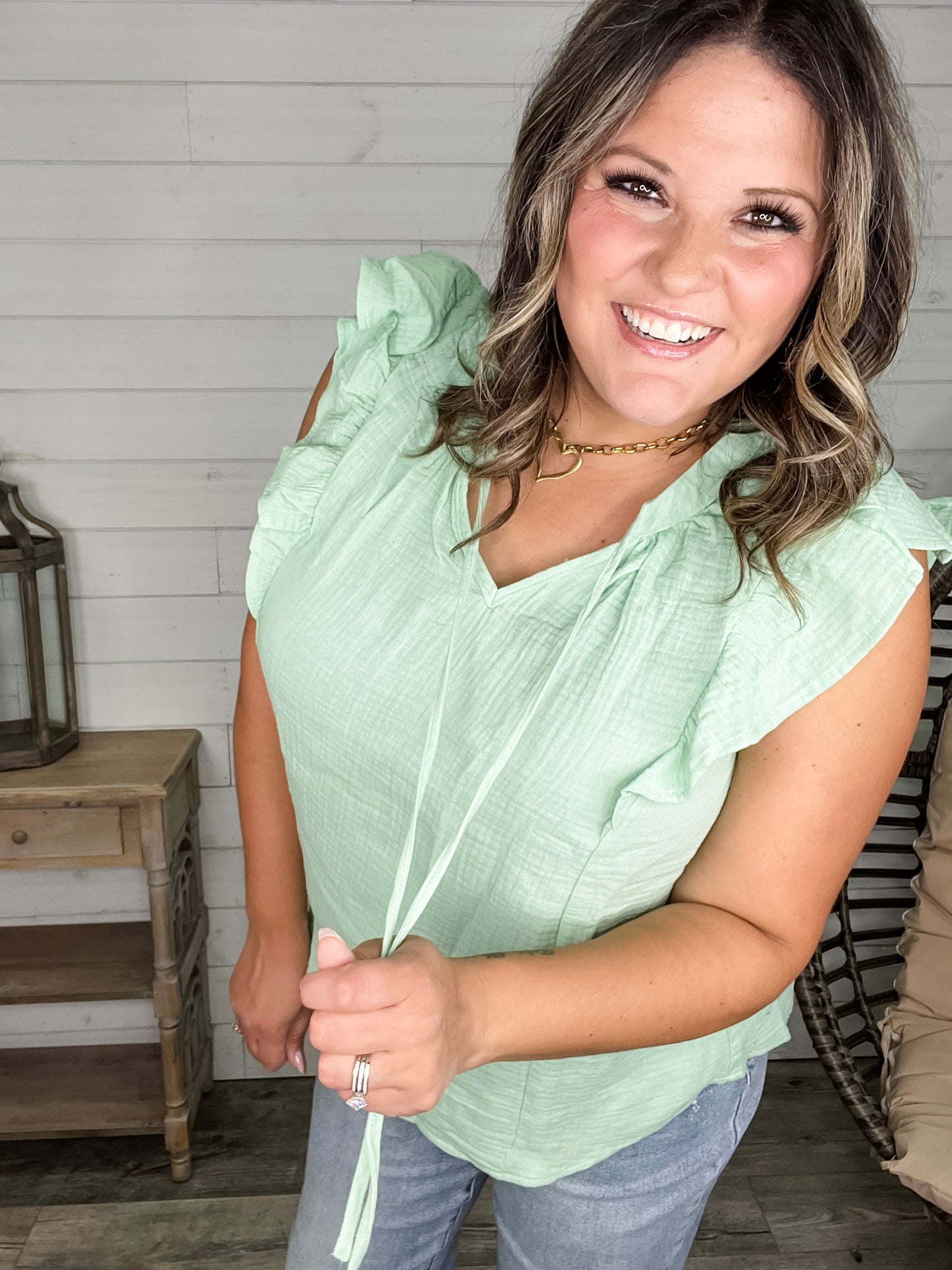 "Wheatland" Ruffle Cap V Neck with Tie Detail (Sage)