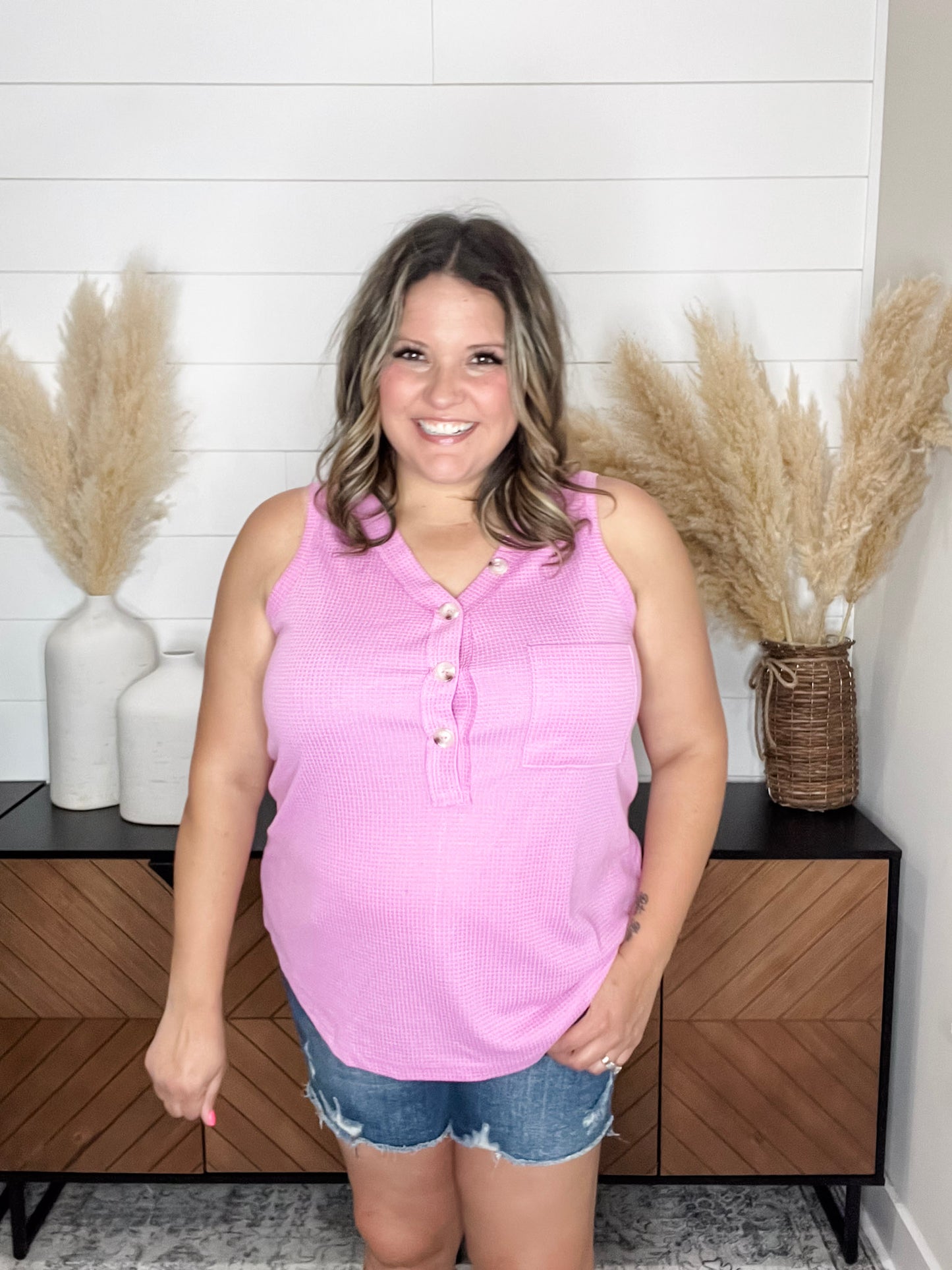 "Caldwell" Waffle Texture Tank with Chest Pockets and Faux Buttons (Magenta Glow)