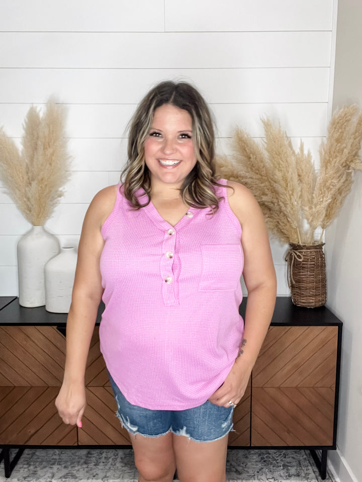 "Caldwell" Waffle Texture Tank with Chest Pockets and Faux Buttons (Magenta Glow)