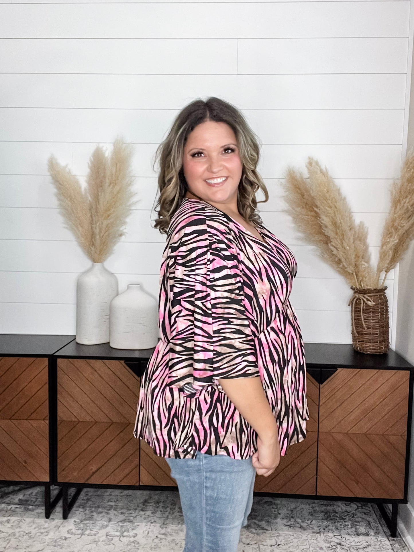 "Unbothered" Animal Print V Neck 3/4 Bell Sleeve