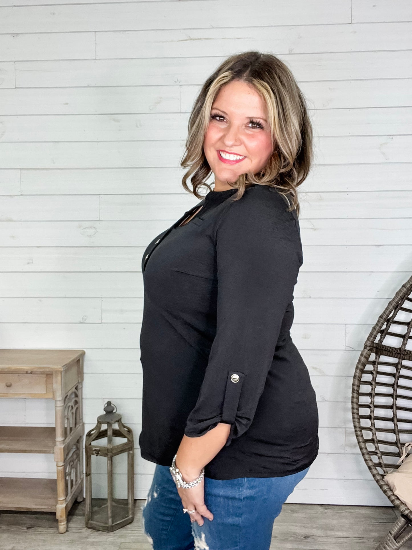 "Obsolete" 3/4 Sleeve Button Front Lizzy Luxe (Black)