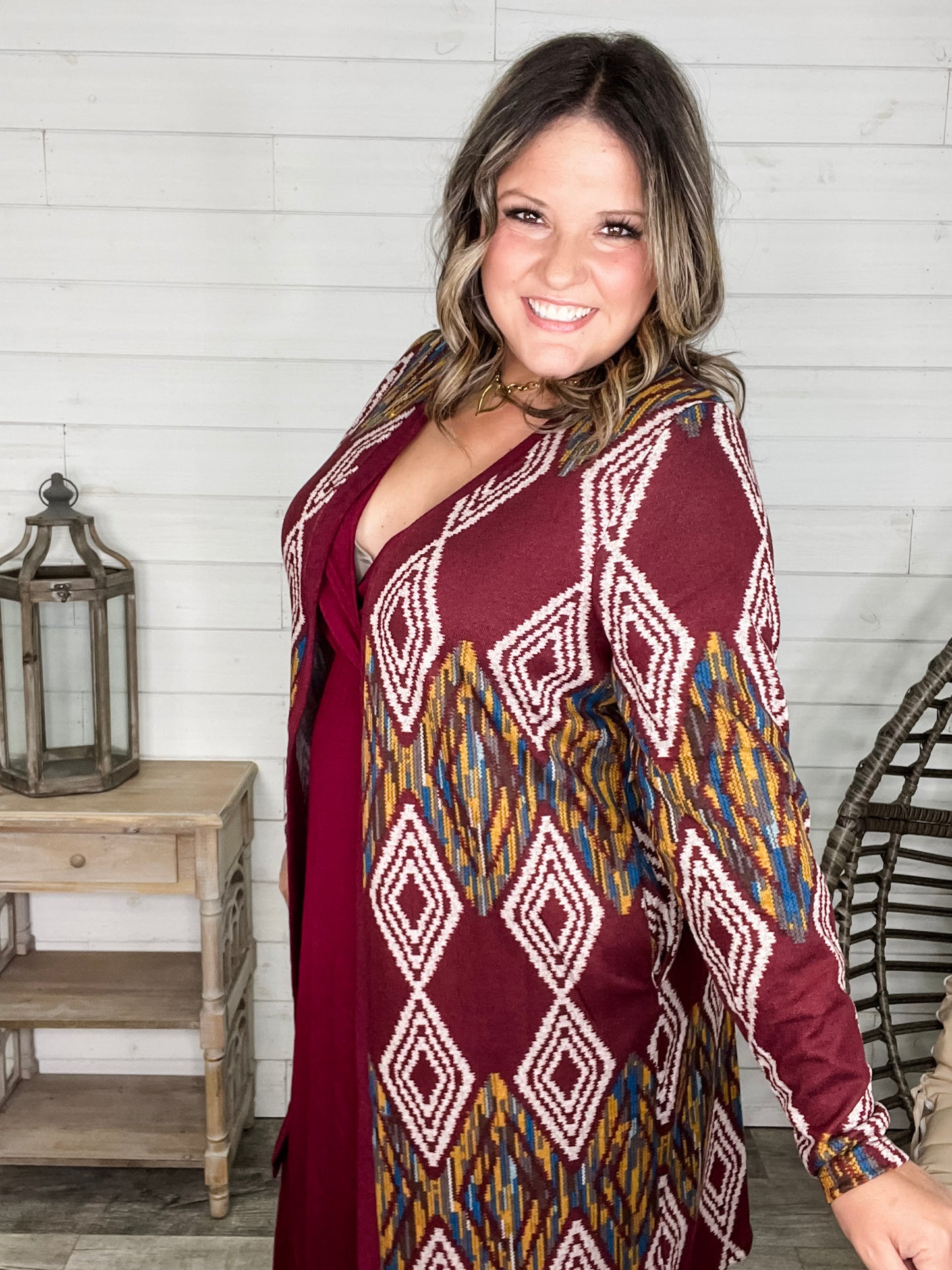"Dutton" Aztec Print Cardigan with Pockets (Burgundy)