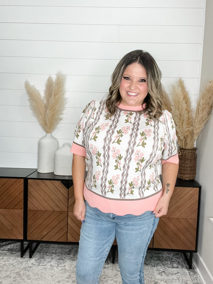 "Direction" Floral Short Sleeve Scallop Edge Sweater