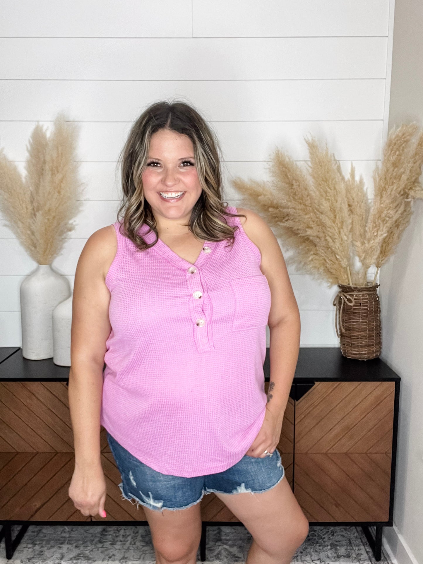 "Caldwell" Waffle Texture Tank with Chest Pockets and Faux Buttons (Magenta Glow)