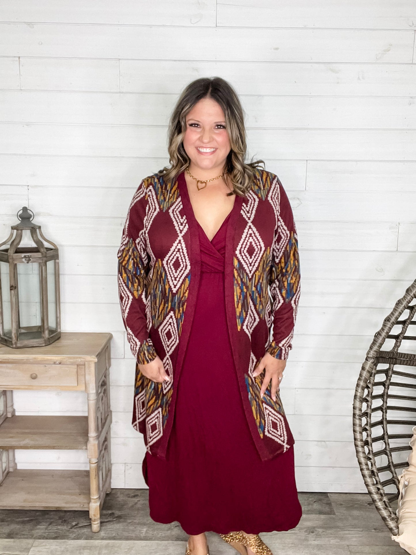 "Dutton" Aztec Print Cardigan with Pockets (Burgundy)