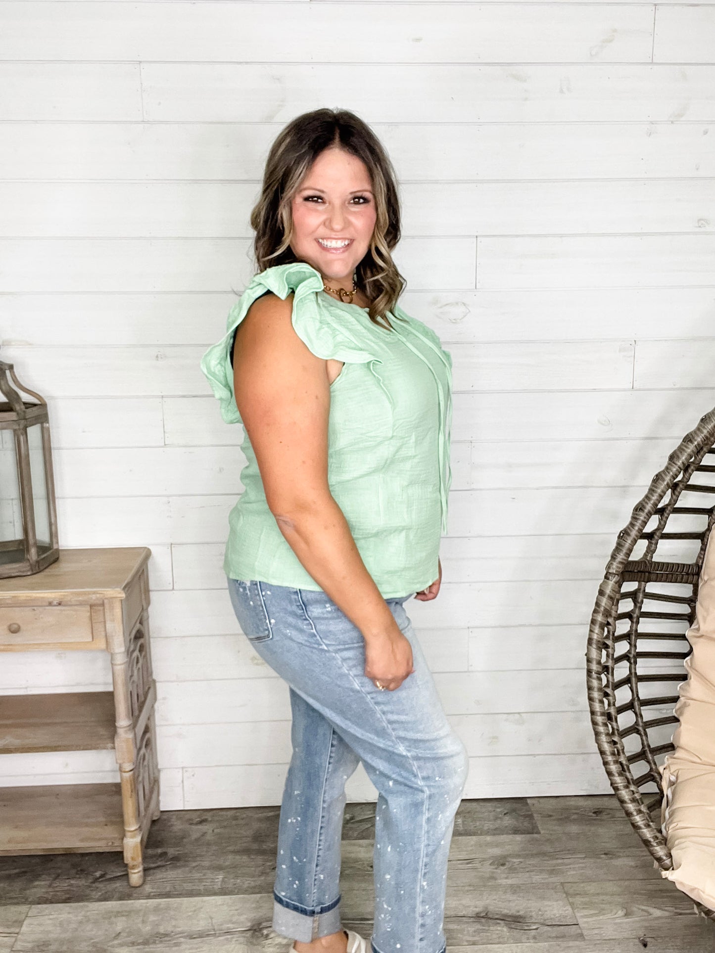 "Wheatland" Ruffle Cap V Neck with Tie Detail (Sage)
