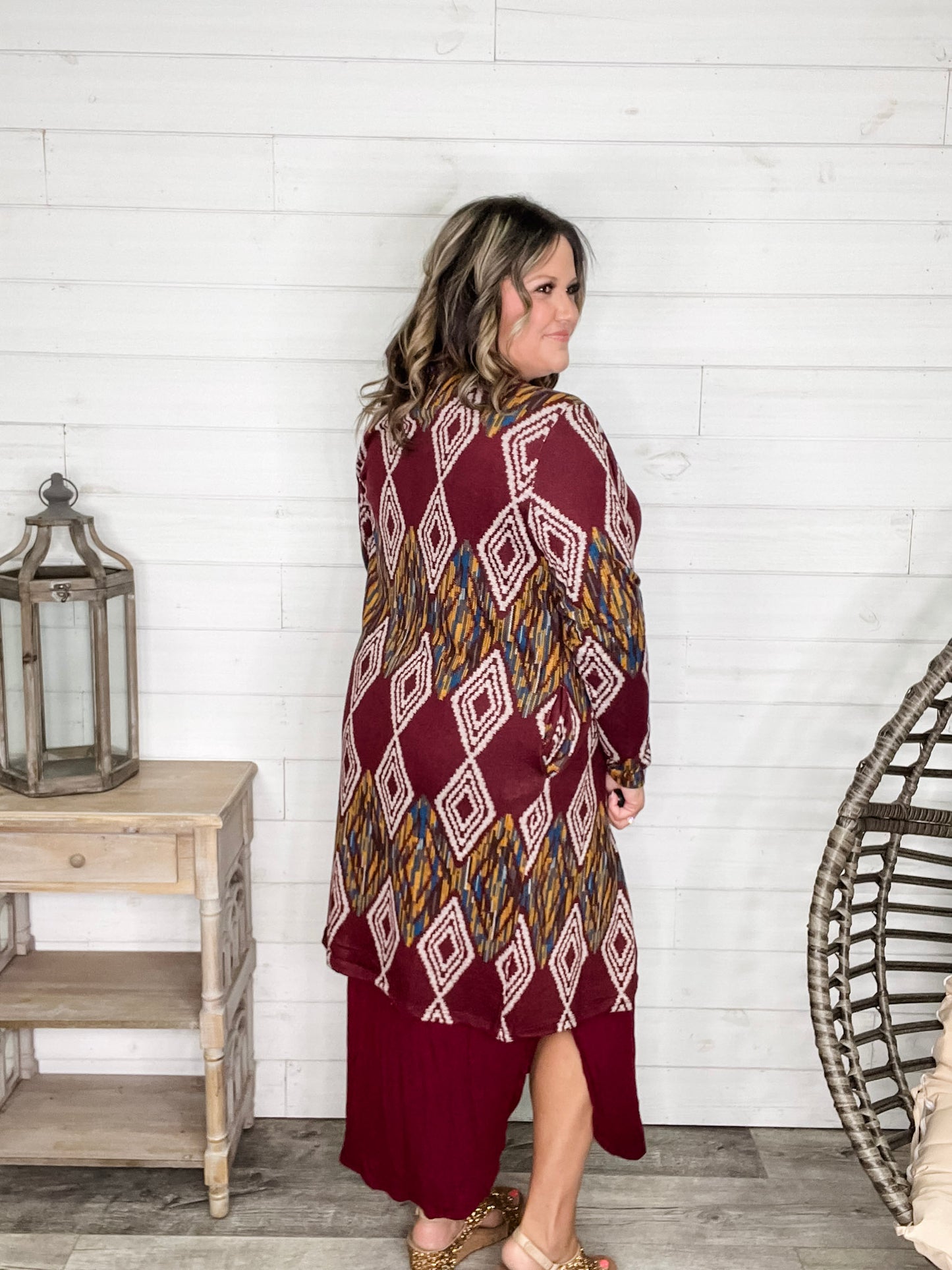 "Dutton" Aztec Print Cardigan with Pockets (Burgundy)