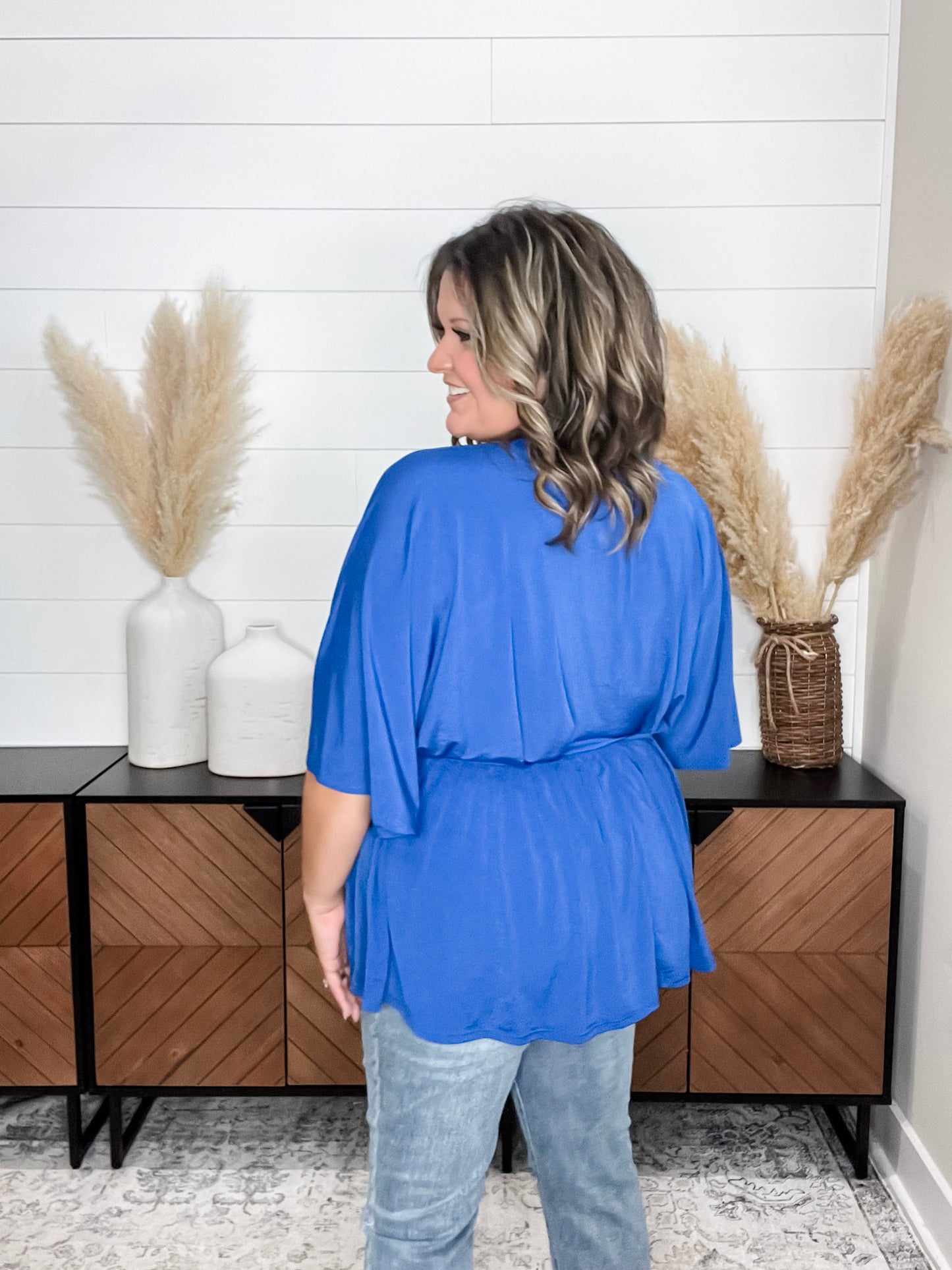 "Here We Go Again" V Neck 3/4 Bell Sleeve (Royal Blue)