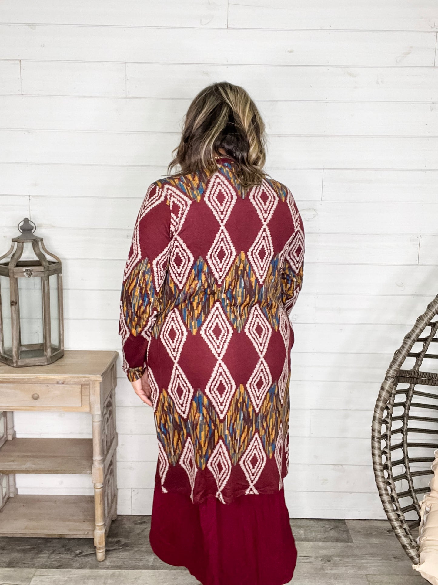 "Dutton" Aztec Print Cardigan with Pockets (Burgundy)