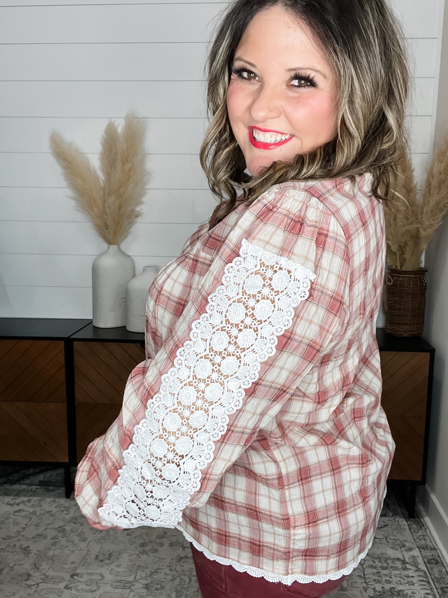 "Fall Into" Long Sleeve Plaid with Lace Detail