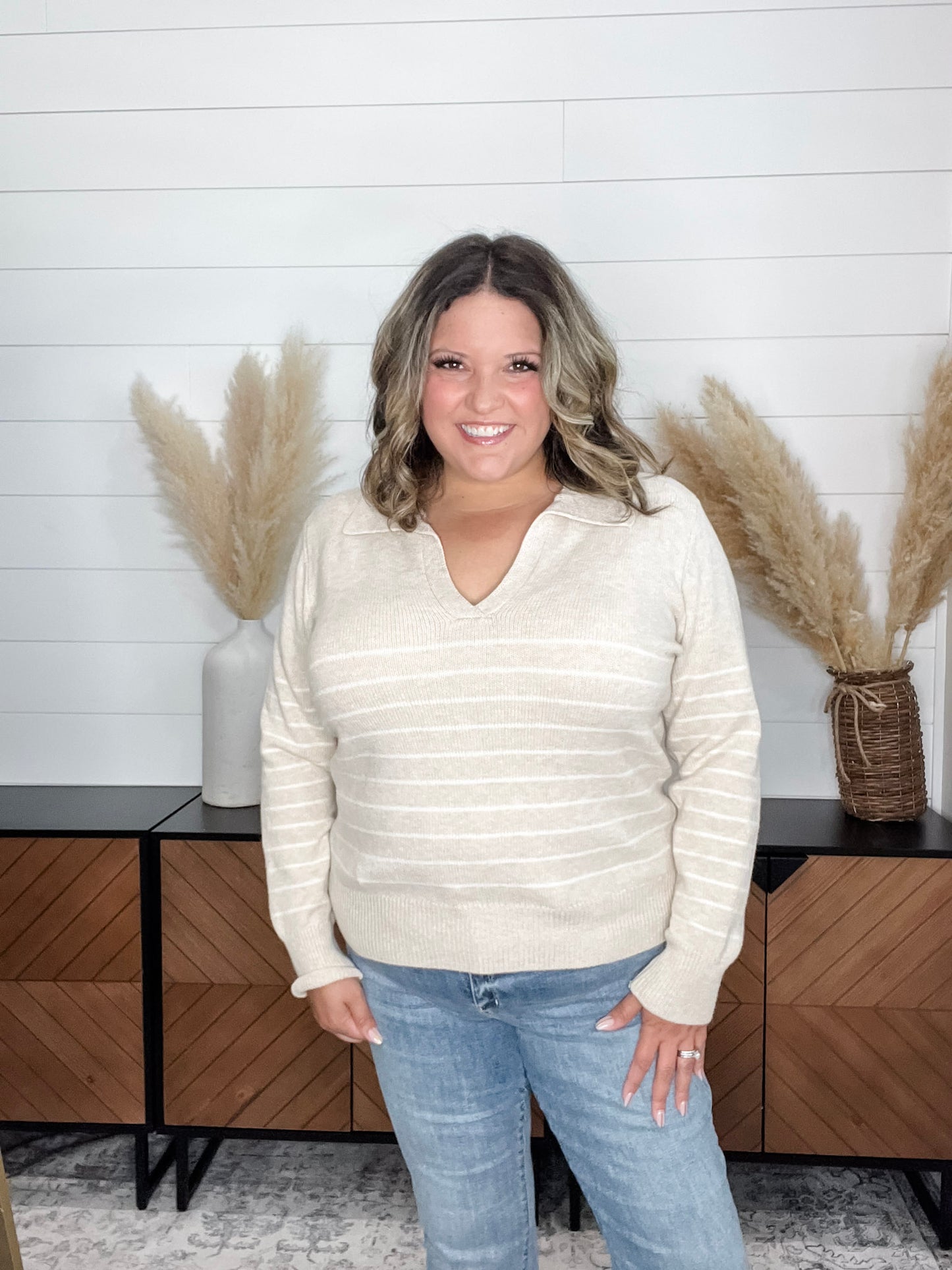 "Newsworthy" Long Sleeve Split Neck Sweater (Oatmeal)