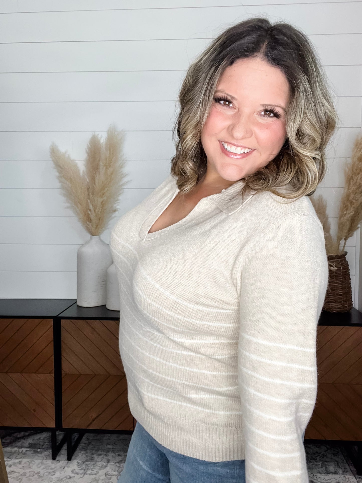 "Newsworthy" Long Sleeve Split Neck Sweater (Oatmeal)