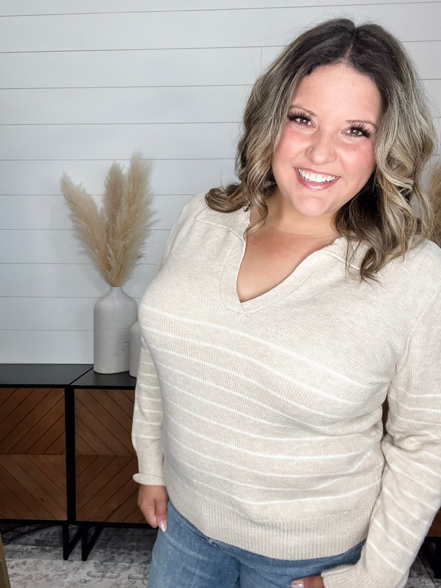 "Newsworthy" Long Sleeve Split Neck Sweater (Oatmeal)