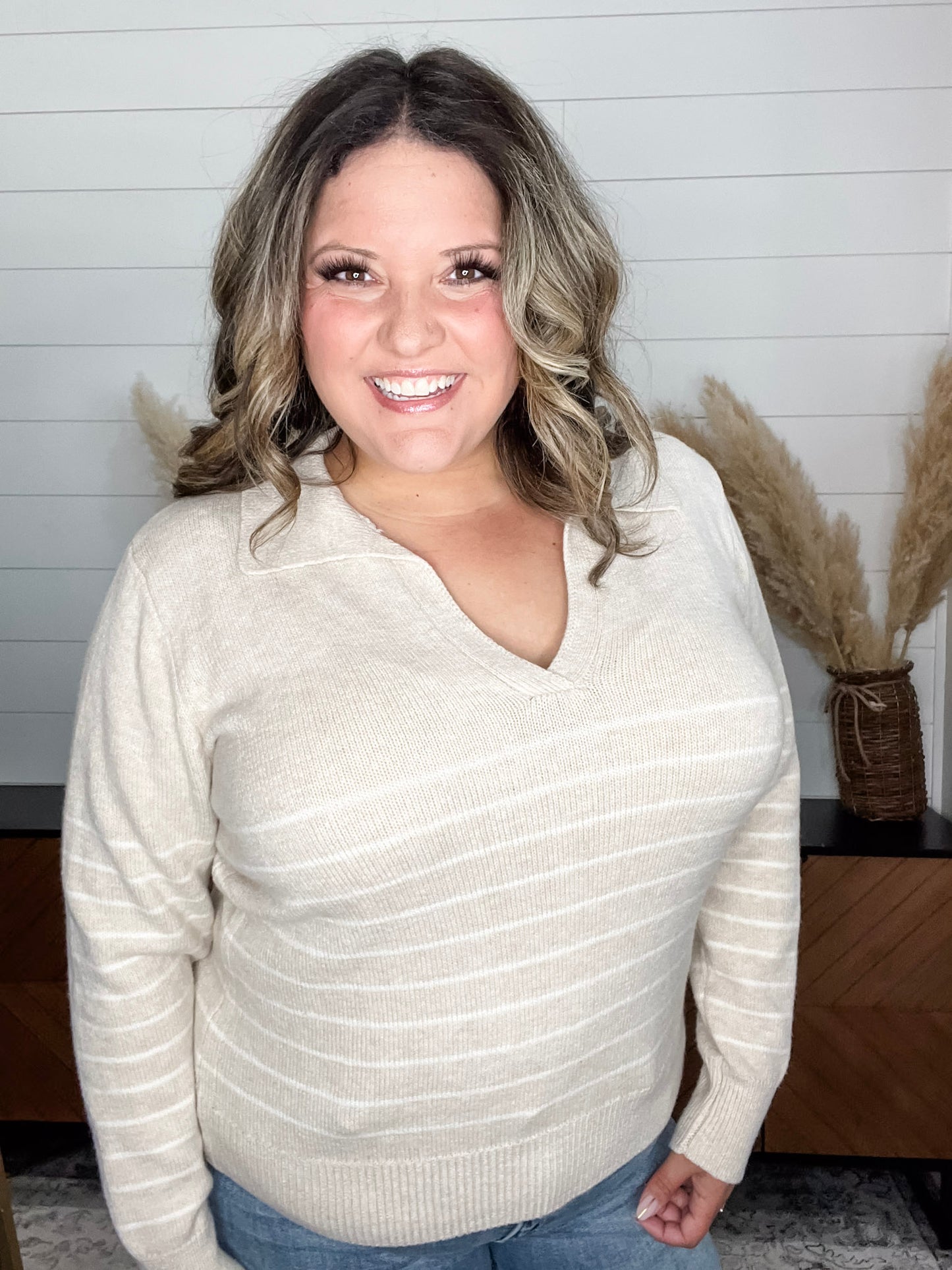 "Newsworthy" Long Sleeve Split Neck Sweater (Oatmeal)