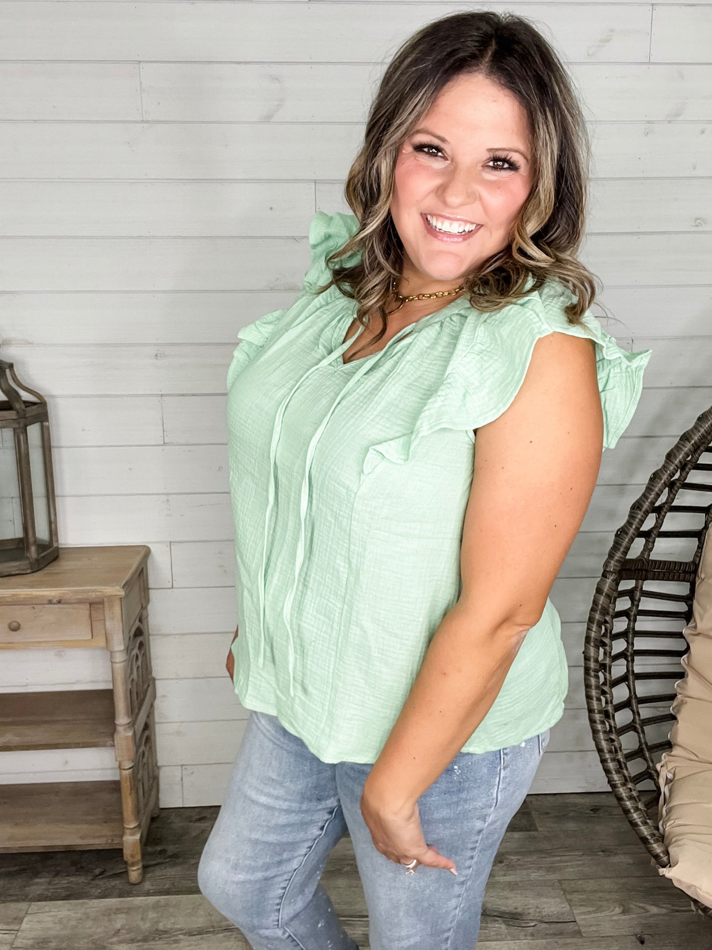 "Wheatland" Ruffle Cap V Neck with Tie Detail (Sage)