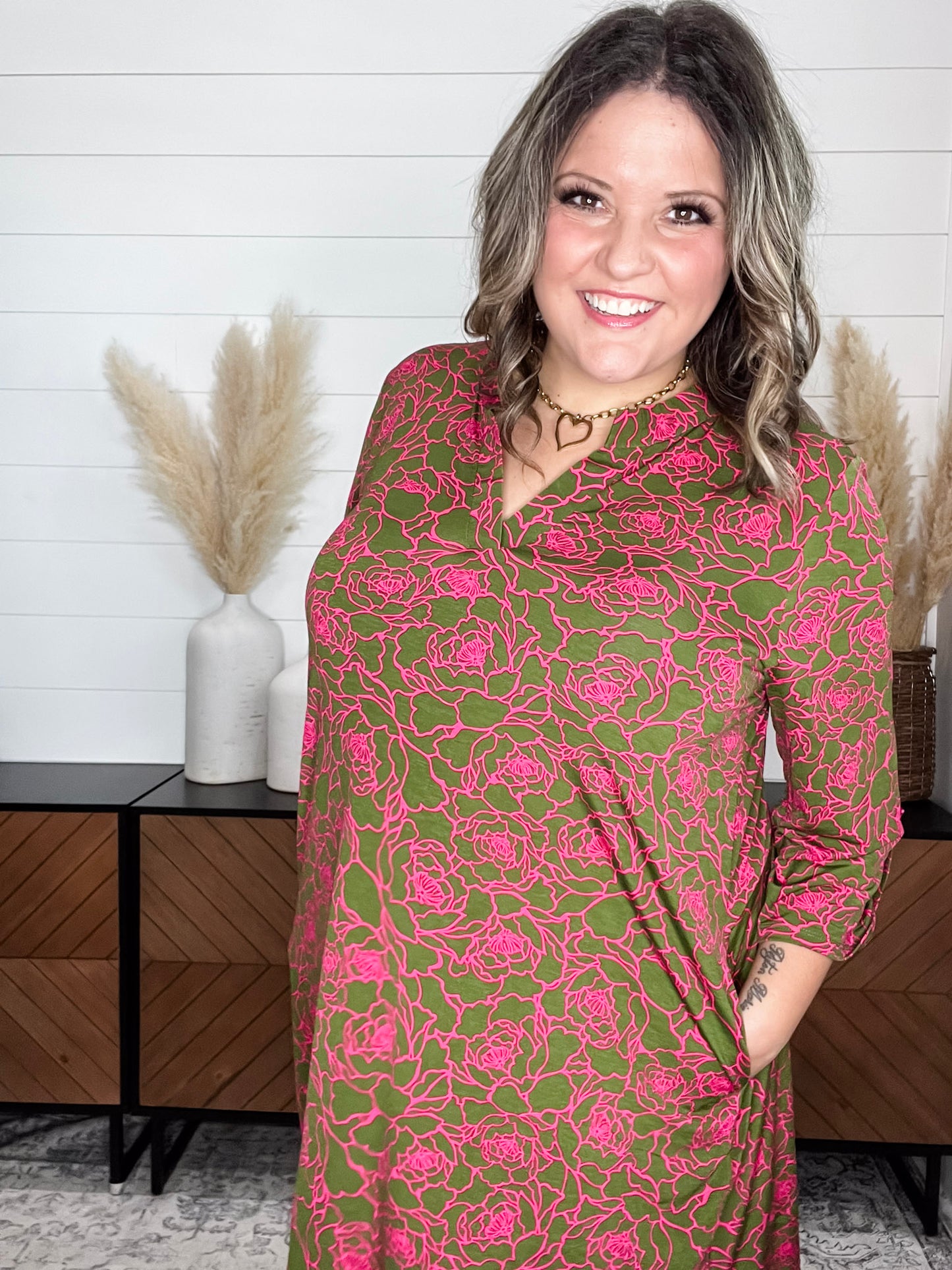 Dear Scarlett "Magnesium" 3/4 Sleeve Split Neck Dress with Pockets