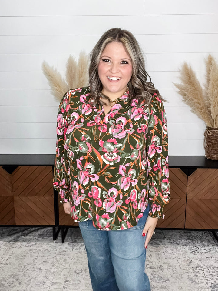 "Zinc" Lizzy Smocked Wrist Long Sleeve Split Neck