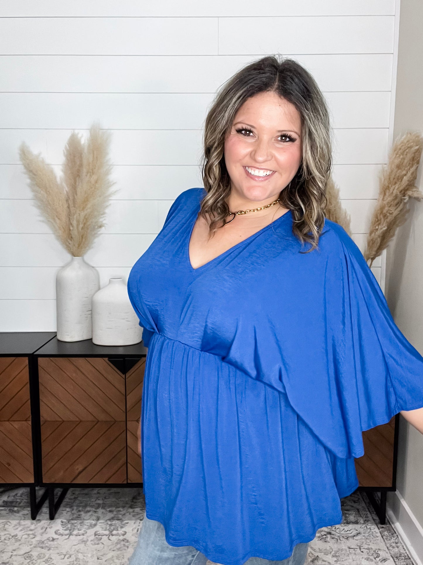 "Here We Go Again" V Neck 3/4 Bell Sleeve (Royal Blue)