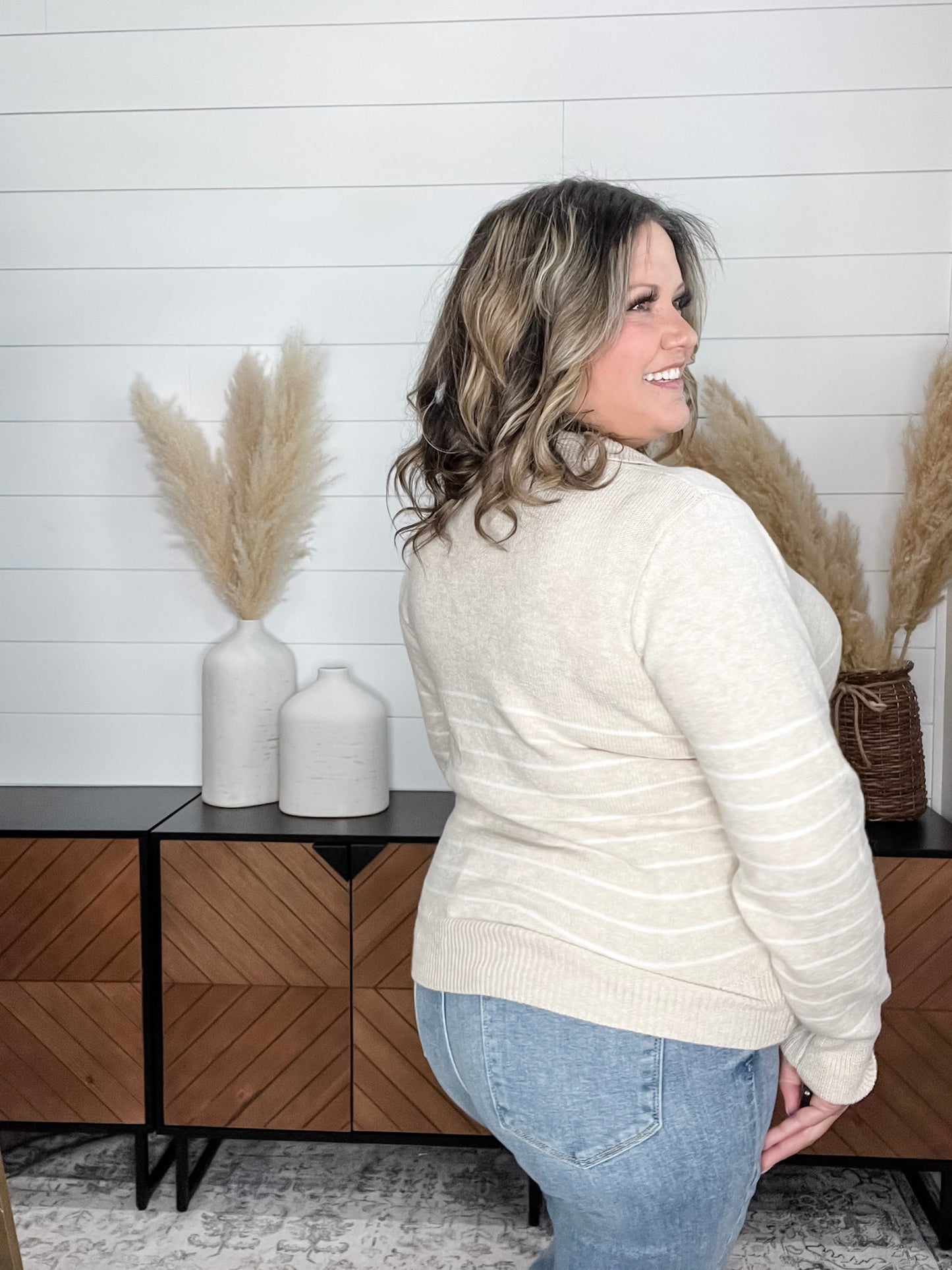 "Newsworthy" Long Sleeve Split Neck Sweater (Oatmeal)