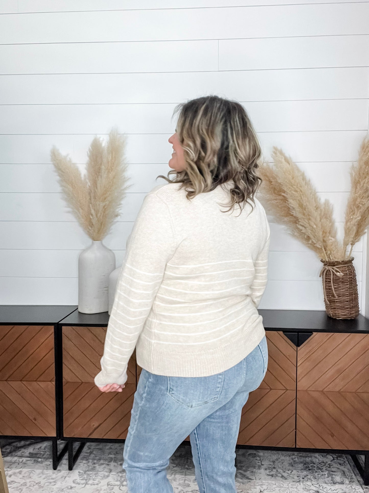 "Newsworthy" Long Sleeve Split Neck Sweater (Oatmeal)