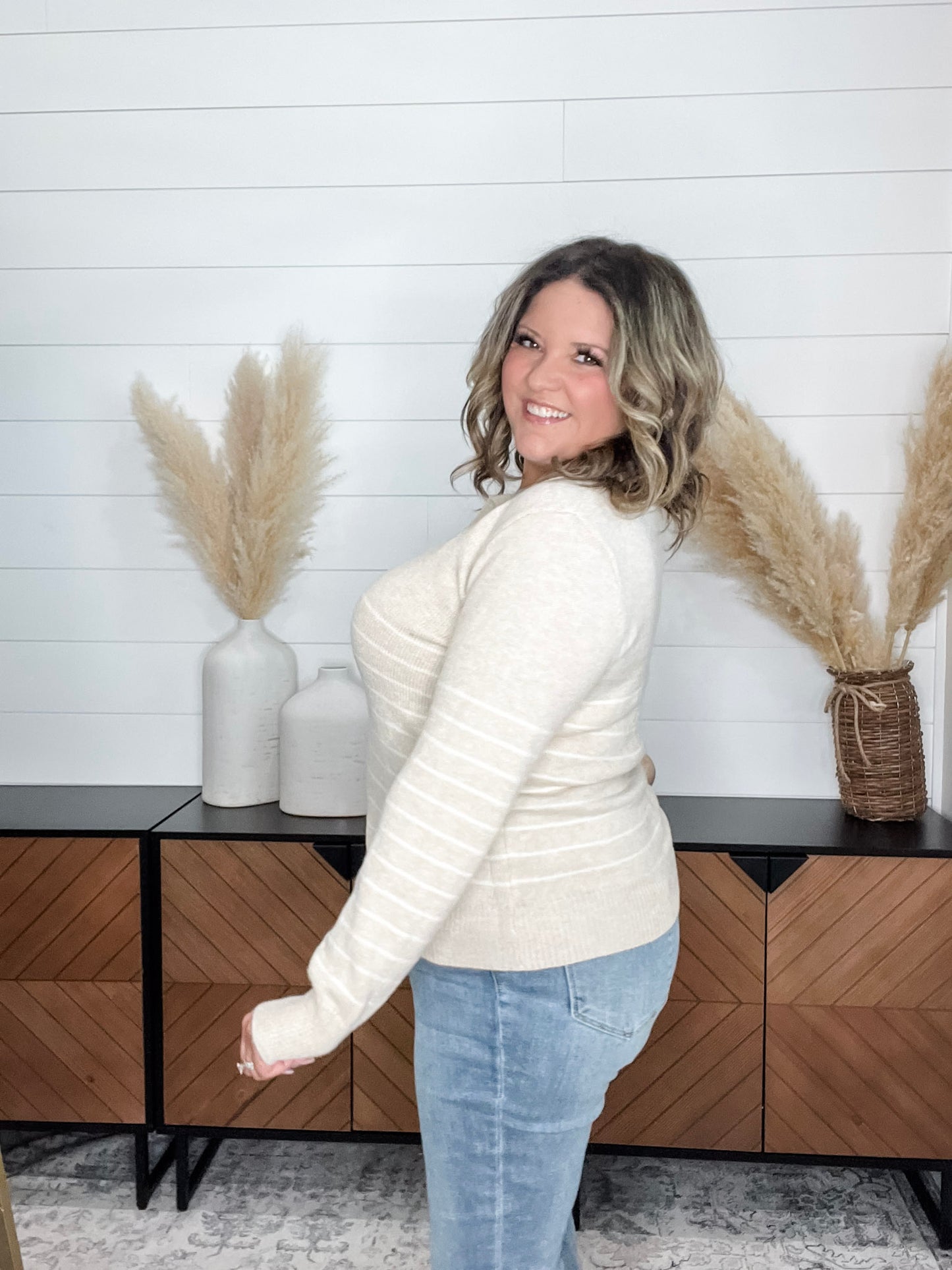 "Newsworthy" Long Sleeve Split Neck Sweater (Oatmeal)
