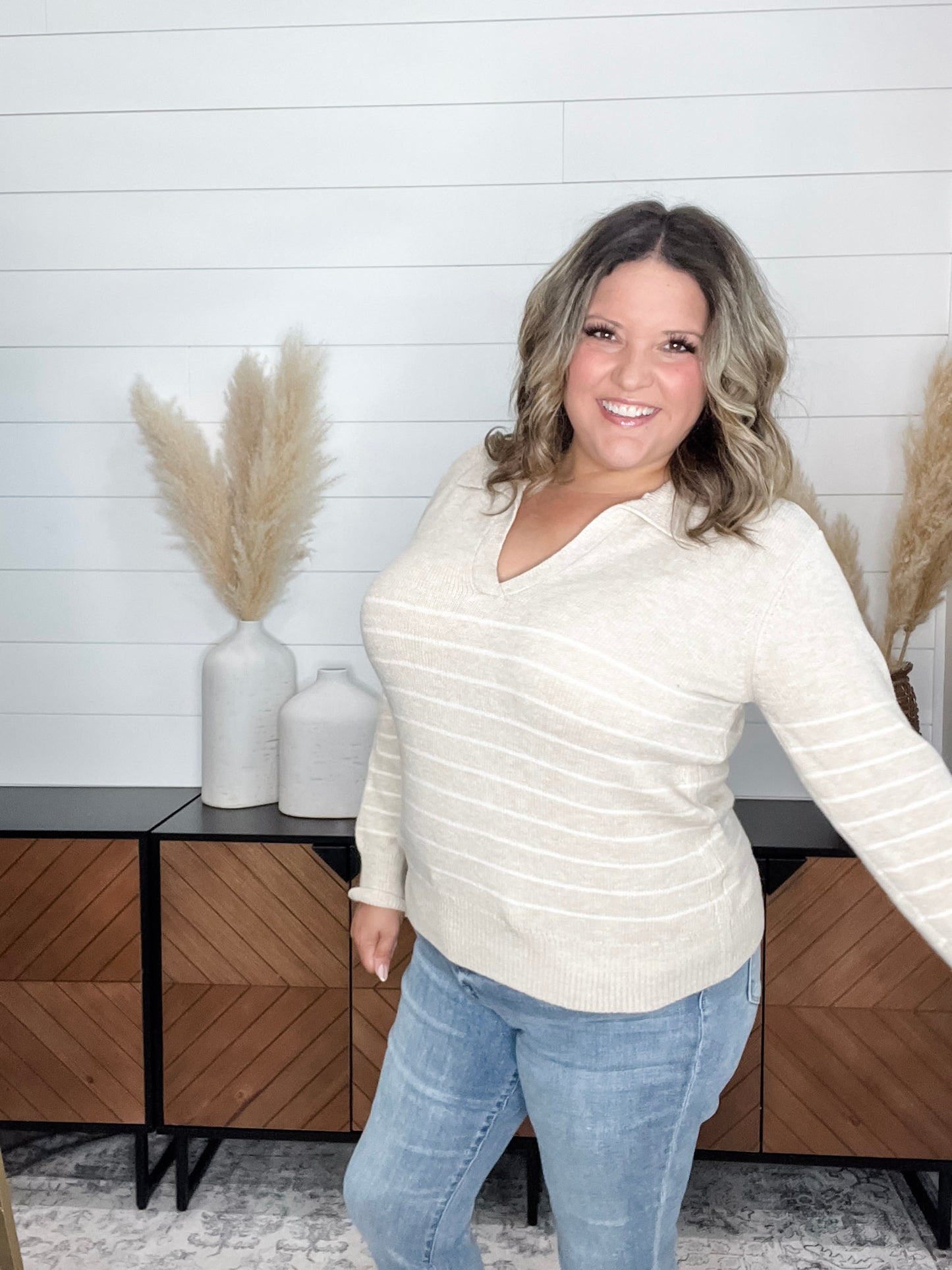 "Newsworthy" Long Sleeve Split Neck Sweater (Oatmeal)