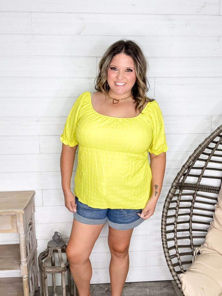 "Karma" Boho Peasant Short Sleeve Top (Lime)